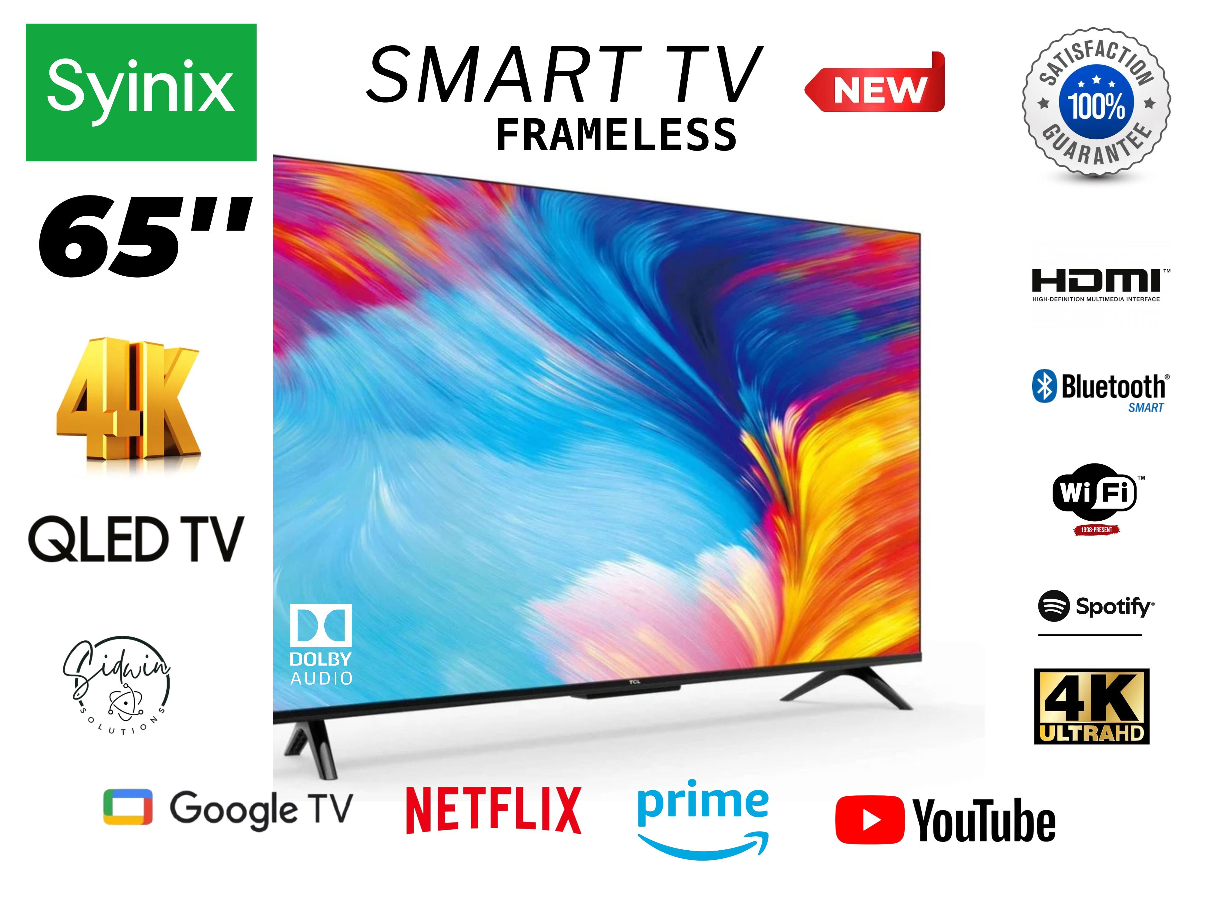 Syinix 65 inch 4K QLED Google TV-65Q61 QLED 4K Google TV Netflix,YouTube HDR 10  24W HIFI Speakers Bluetooth Frameless Chromecast & airplay Dolby Vision Atmos Eye protection mode voice control remote