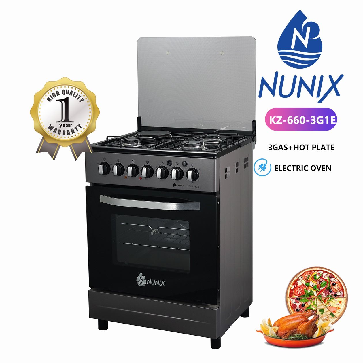 Nunix 60×60 3+1 Free Standing Cooker with Electric oven, 3 GAS + 1 HOT PLATE WITH ELECTRIC OVEN