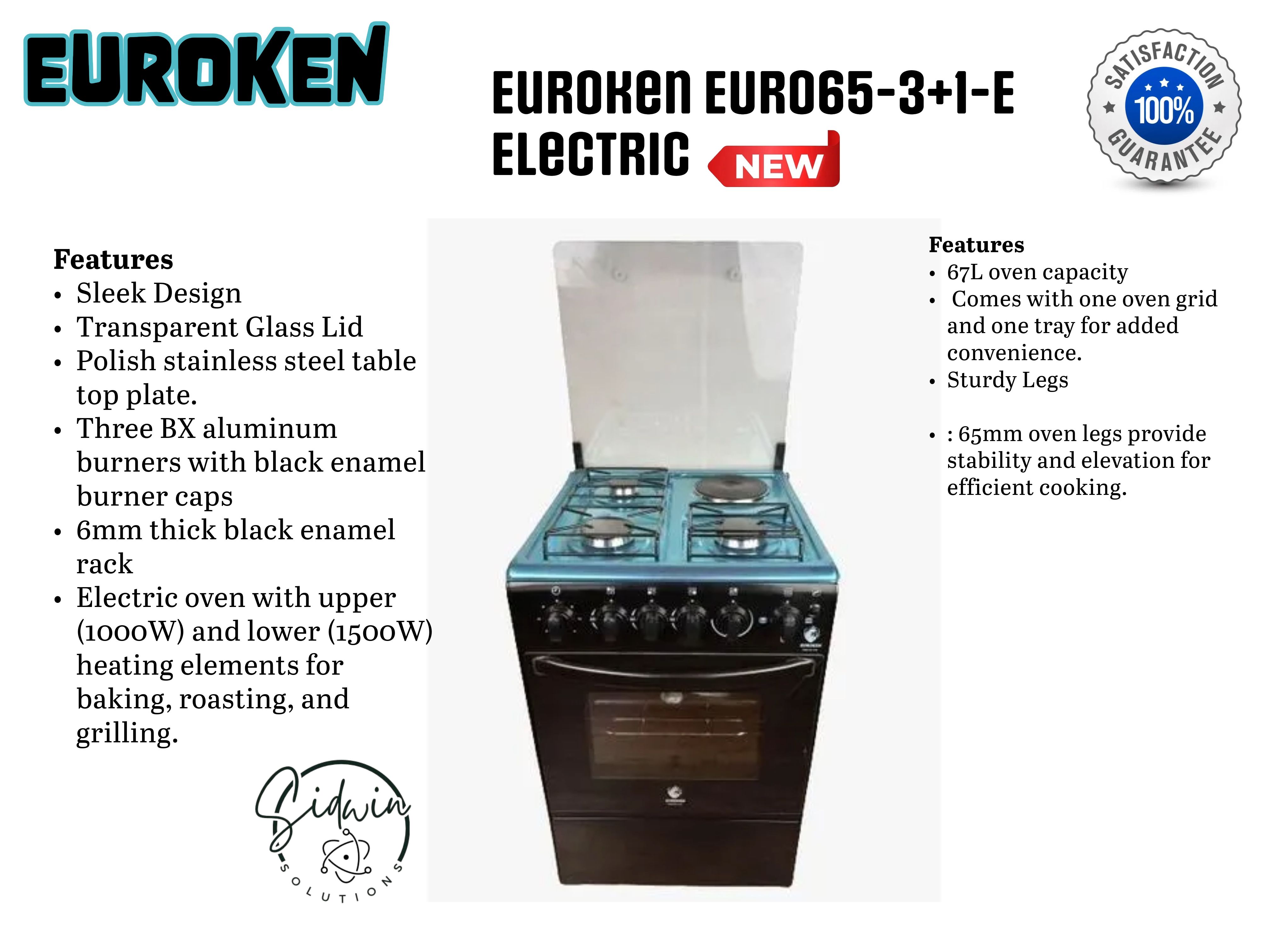 CLEARANCE SALE 50×55 Euroken 3+1 standing cooker with electric oven cooker GLASS LID, DOUBLE OVEN HEATER,OVEN TIMER,PLUS IGNITION,JET VALVE,PURE ALUMINIUM BX BURNER. NO OVEN LUMP.