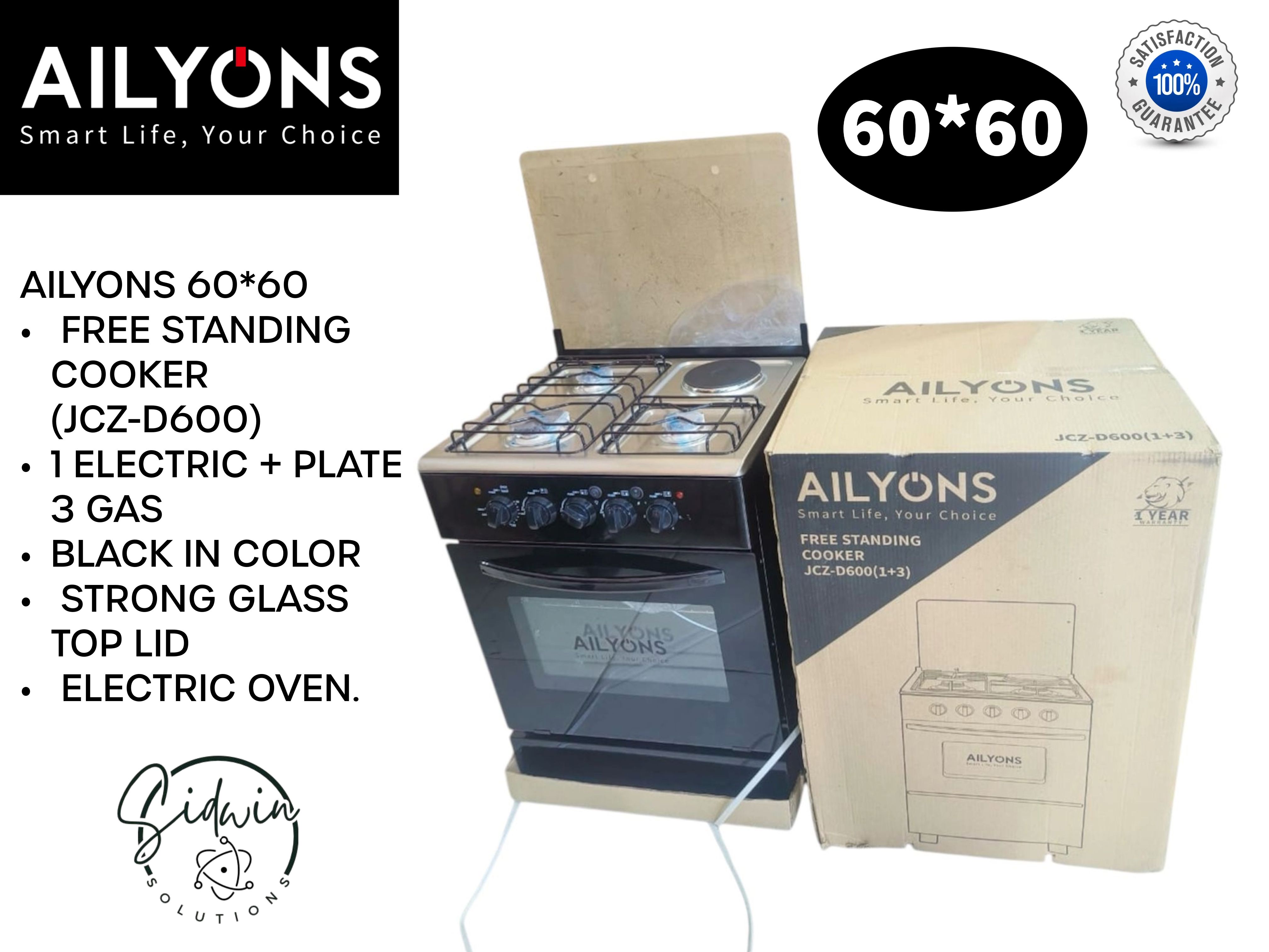 AILYONS 60*60 FREE STANDING COOKER (JCZ-D600) 1 ELECTRIC + PLATE 3 GAS BLACK IN COLOR WITH STRONG GLASS TOP LID & ELECTRIC OVEN.