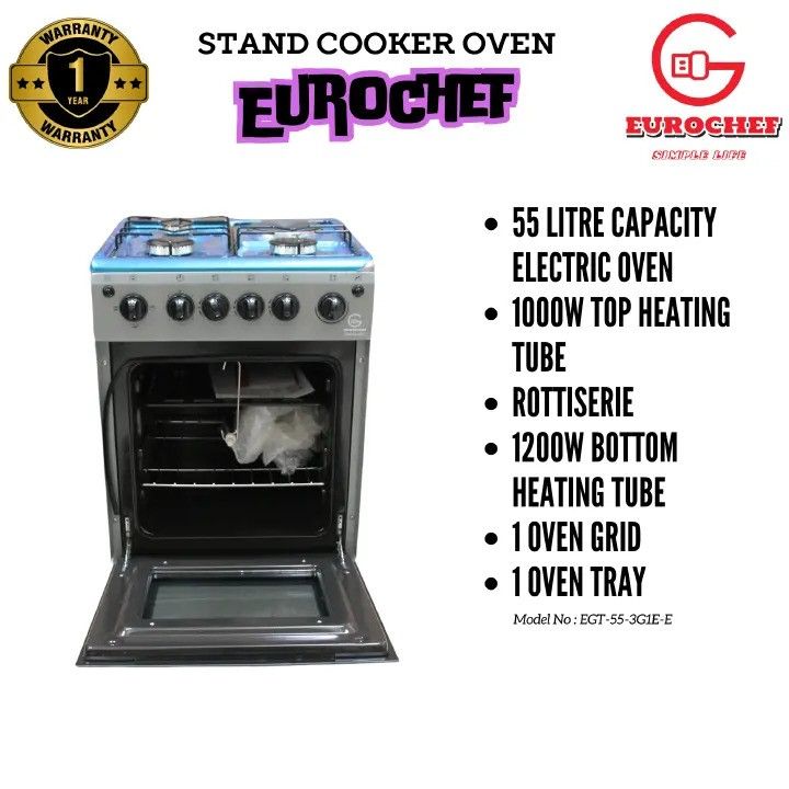 CLEARANCE !!  Eurochef 50*55 Free Standing 3 Gas Burner +1 Electric Cooker With Eectric Oven EG55 CLEARANCE SALE !!!!