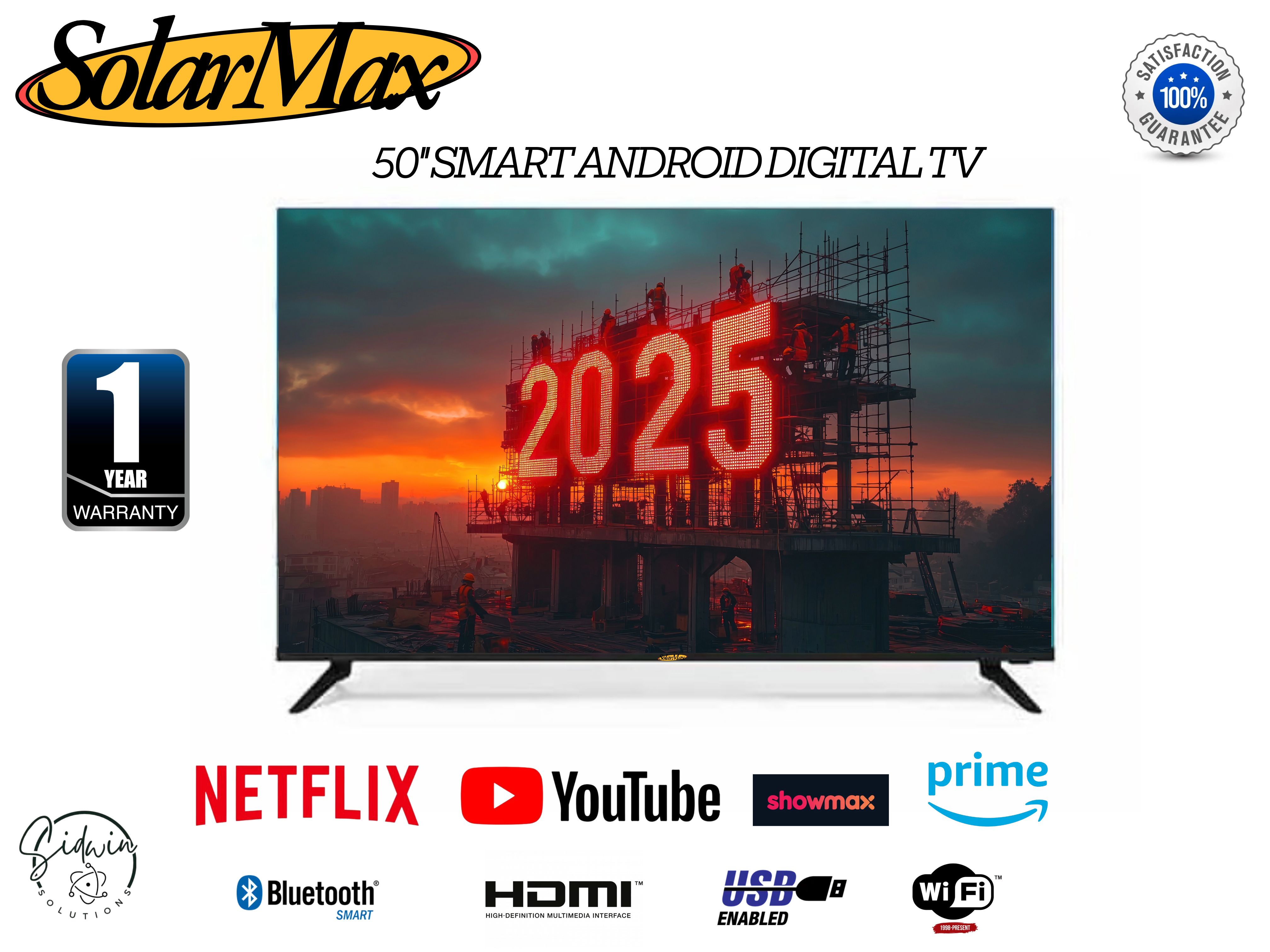 SOLARMAX 50" SMART ANDROID DIGITAL TV :NETFLIX-SHOWMAX-YOUTUBE-AMAZONE PRIME-STREAM MOVIES & SPORTS.