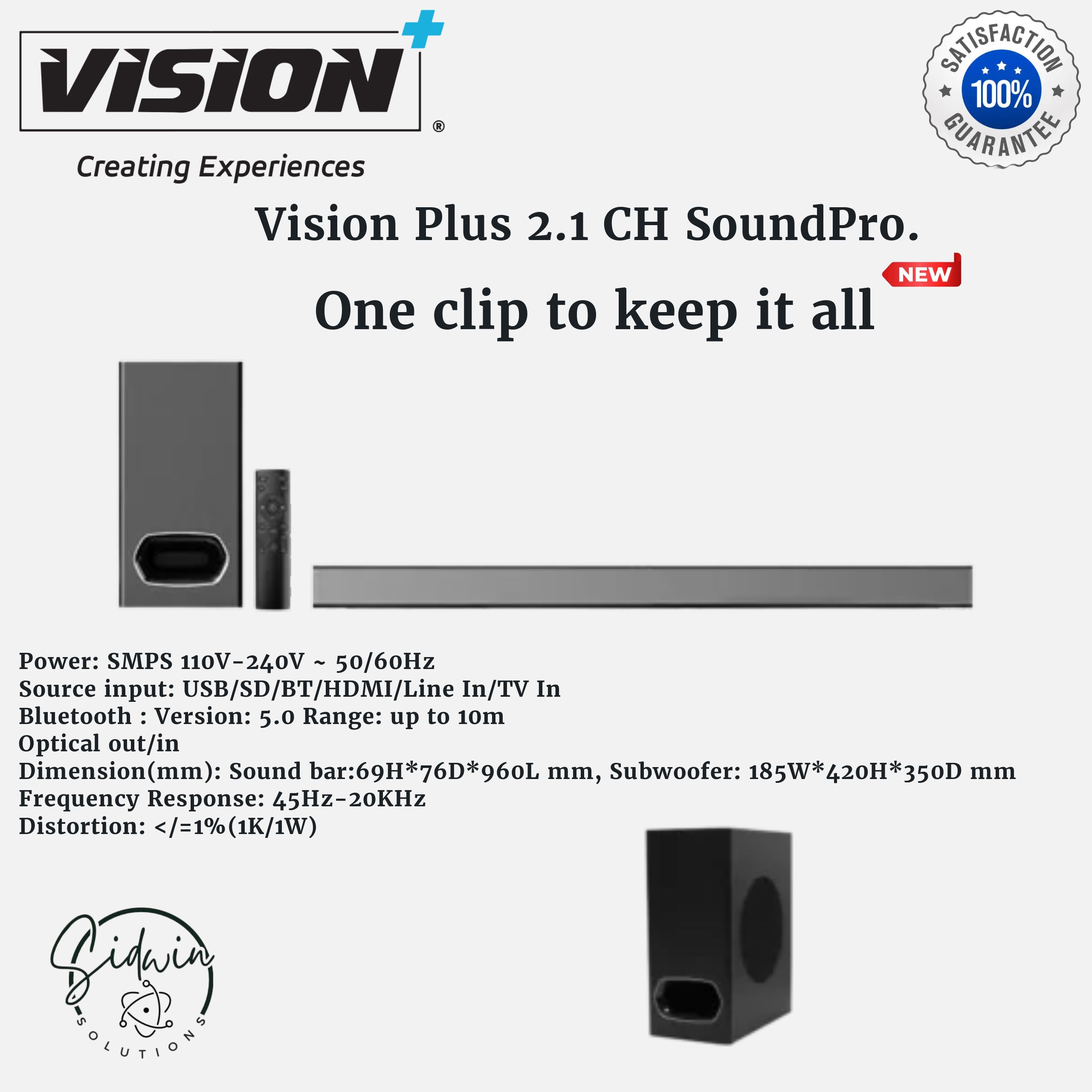 CLEARANCE SALE !!!! Vision Plus 2.1 CH SOUND BAR MODEL:VP2120SB
