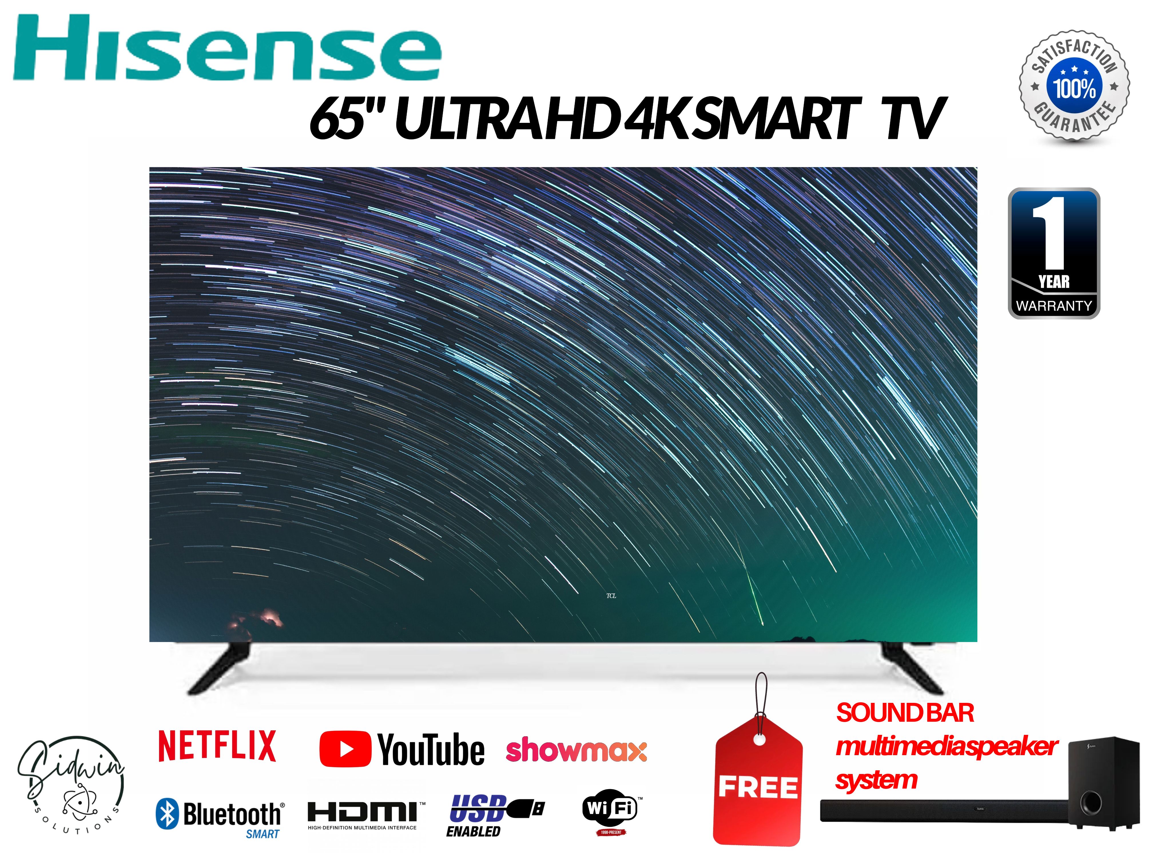 Hisense 65" Inch,ULTRA HD 4K,SMART TV,BLUETOOTH-ENABLED,VIDAA OS with  FREE soundbar multimedia speaker system.