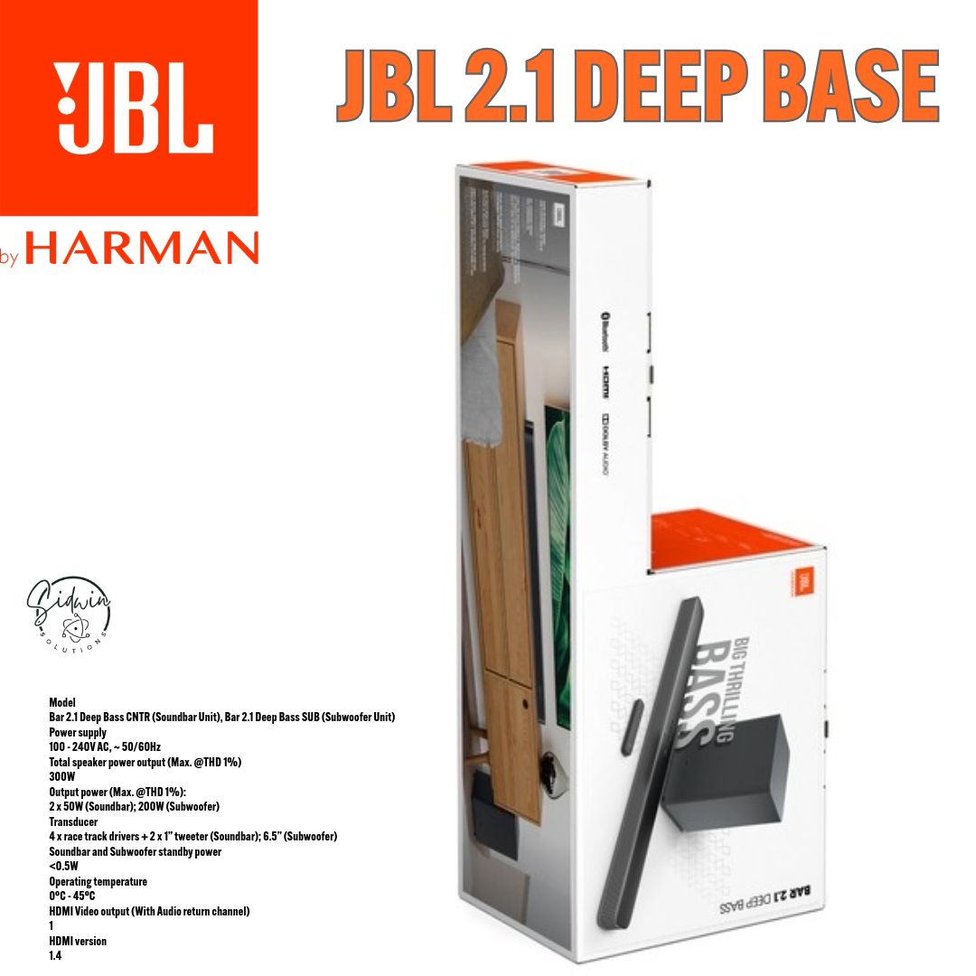 JBL BAR  2.1 DEEP BASE SOUND BAR Power supply 100 - 240V AC,~50/60Hz Total speaker power output (Max. @THD 1%) 300W ,Output power (Max. @THD 1%): 2 x 50W (Soundbar)200W (Subwoofer). BLUETOOTH USB HDMI
