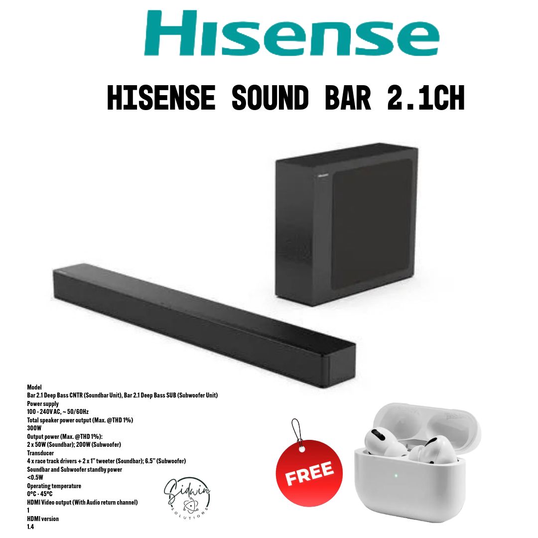 Hisense 240WATTS SOUND BAR 2.1CH BLUETOOTH,HDMI & DOLBY AUDIO. DTS HISENSE ''The Beast'' SOUNDBAR. + FREE AIRPODS PRO