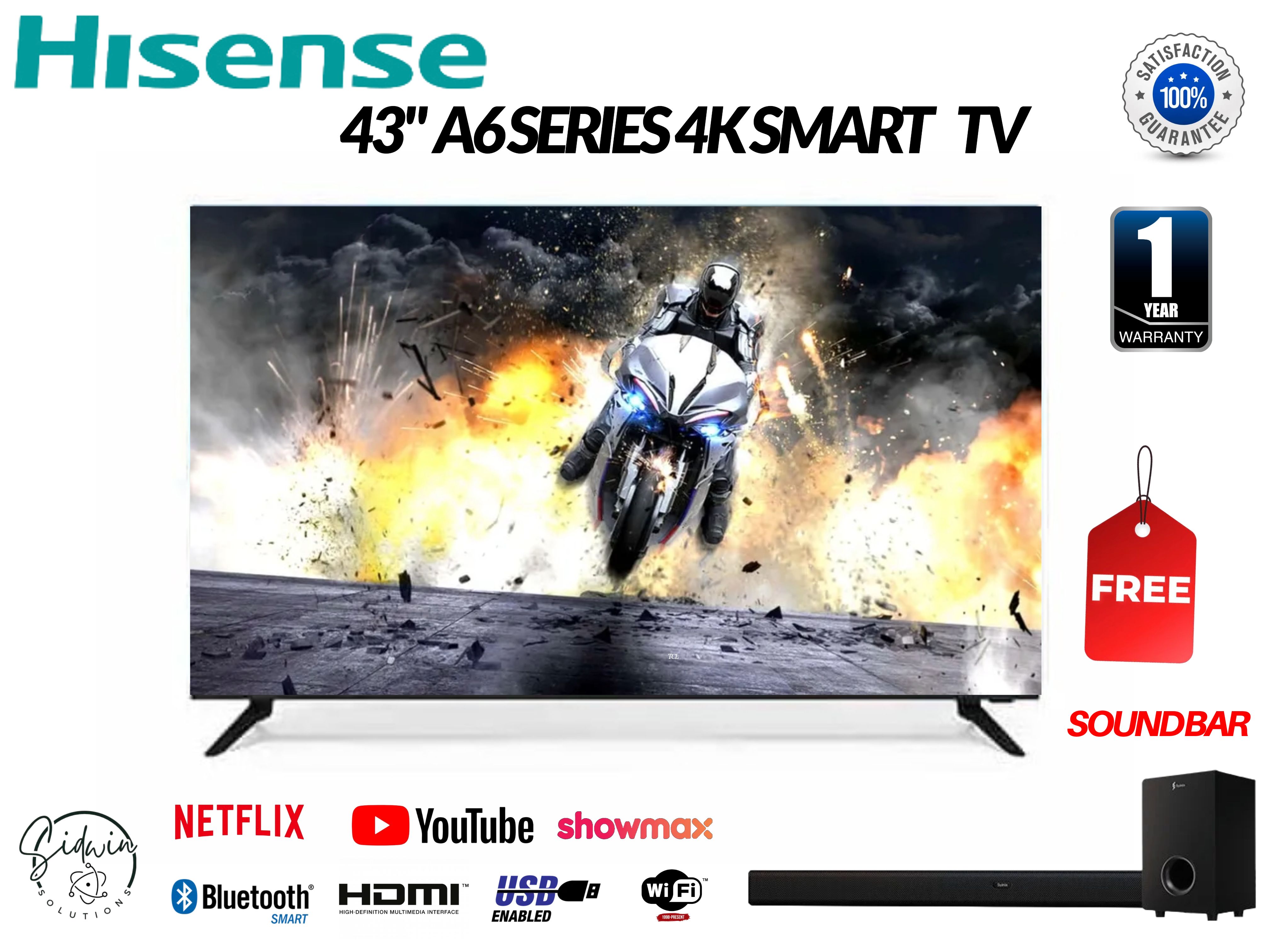 Hisense 43" INCH 4K A6 SERIES SMART FRAMELESS TV,BLUETOOTH,NETFLIX&YOUTUBE-WIFI ENABLED + FREE SOUND BAR