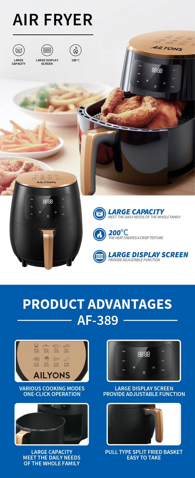 AILYONS AIR FRYER  airfryer 1400W Large Firepower ,Various Cooking Modes, One-click Operation,Energy Heat Cycle, Reduce Baking Time ,Pull Type Split Fried Basket.