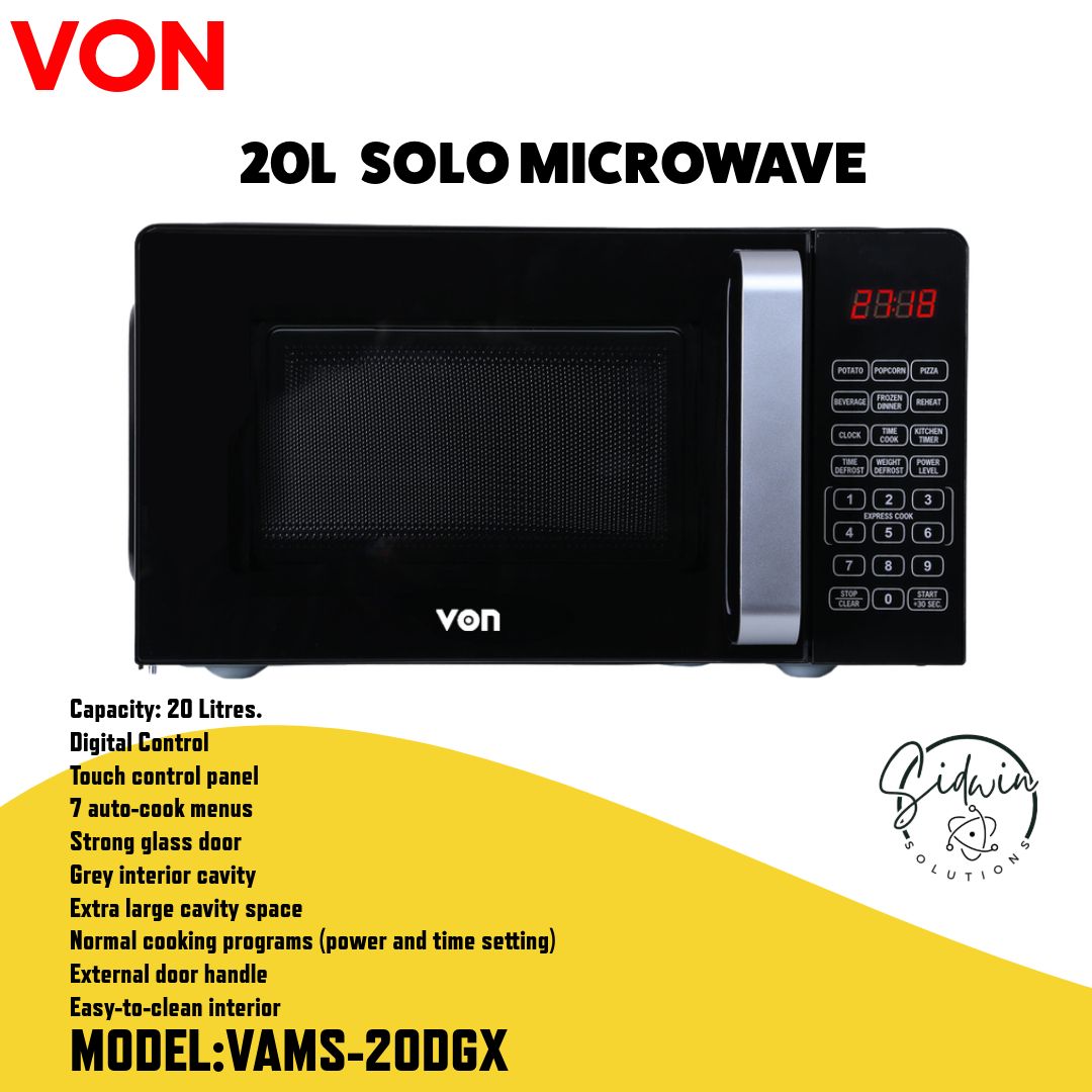 VON 20L DIGITAL MICROWAVE Von VAMS-20DGX Microwave Oven Solo - 20L,Touch control panel,Digital Control,7 auto-cook menus,External door handle,Easy-to-clean interior.