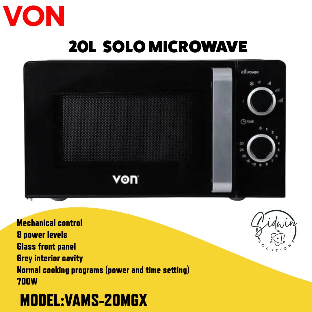 VON 20L MICROWAVE with Mechanical control 8 power levels Glass front panel Grey interior cavity Normal cooking programs (power and time setting)700W