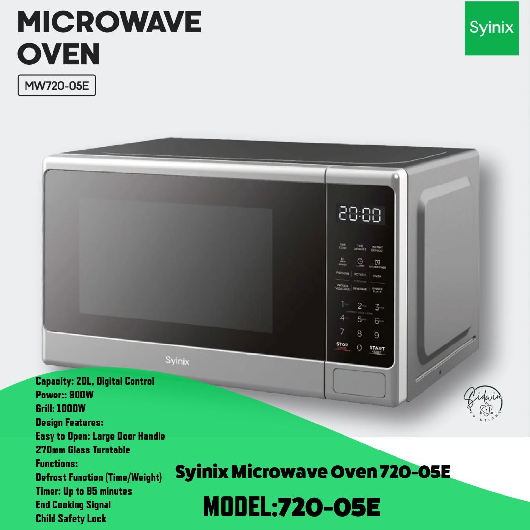 Microwave Oven 20L - Digital Syinix Microwave MW720-05E 700W - High power fast heating,11 microwave power levels,Safe radiation protection,Noise reduction,Easy to clean 270mm glass turntable.