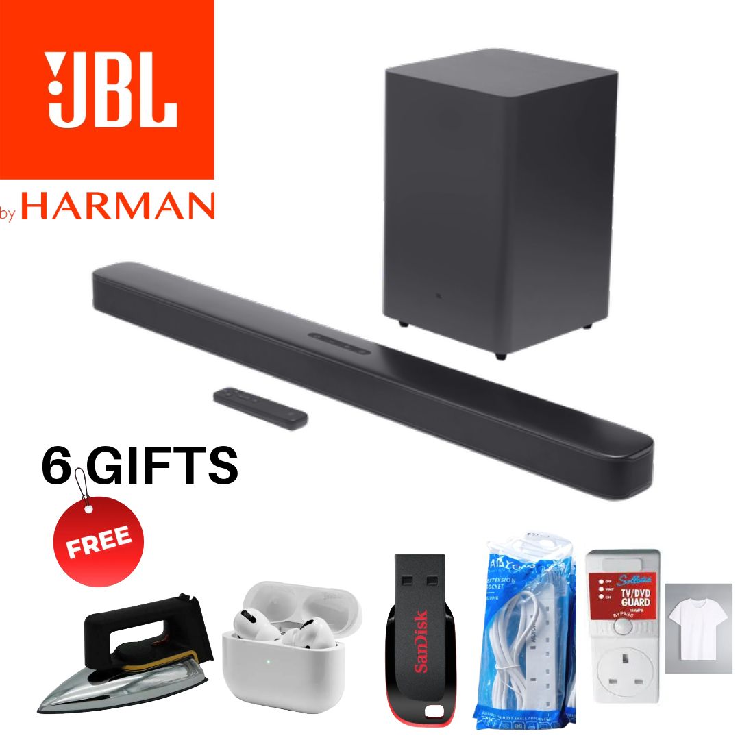 JBL BAR  2.1 DEEP BASE SOUND BAR plus 6 FREE GIFTS( USB, AIRPODS PRO,EXTENSION,TV GUARD, JBL TSHIRT &  DRY IRON/passi)