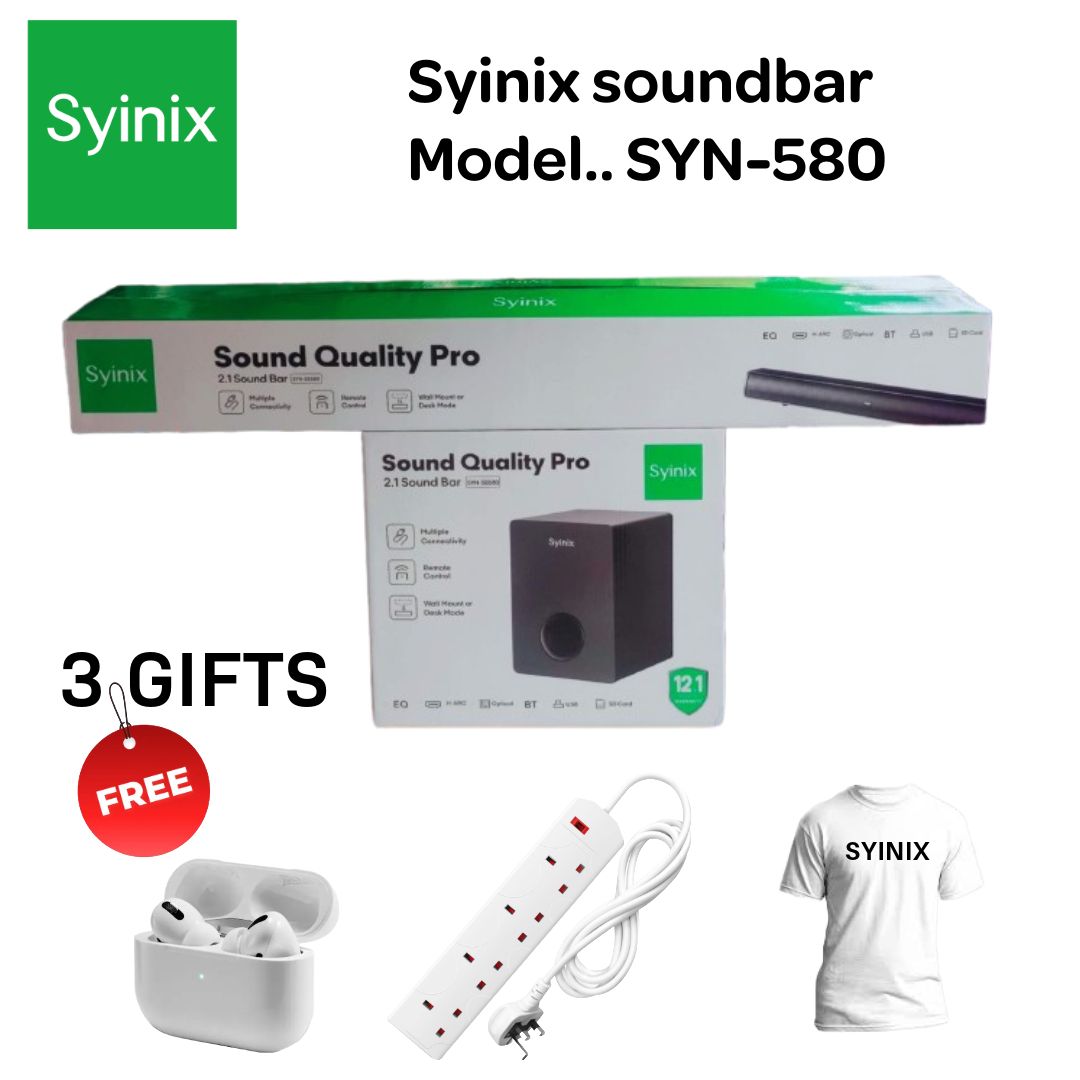 SYINIX SOUNDBAR Model.SYN-580 ⚡Bluetooth enabled ⚡USB/SD CARD slot  ⚡Optical slot  ⚡sound Quality pro ⚡H-ARC slot PLUS 3  GIFTS: FREE AIRPODS PRO,FREE usb  &  FREE EXTENSION.