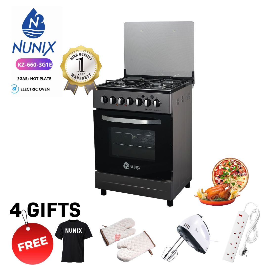 Nunix 60×60 3+1 Free Standing Cooker with Electric oven, 3 GAS + 1 HOT PLATE WITH ELECTRIC OVEN PLUS 4 GIFTS