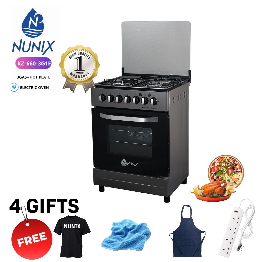 Nunix 60×60 3+1 Free Standing Cooker with Electric oven, 3 GAS + 1 HOT PLATE WITH ELECTRIC OVEN PLUS 4 GIFTS