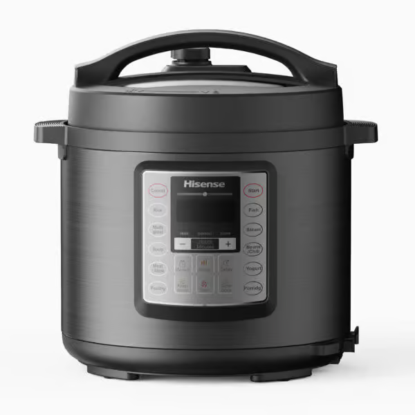 HISENSE PRESSURE MULTICOOKER 6.0L WITH 4  DIGIT LED DISPLAY, 9 SAFETY GUARDS, 15 PRESET SMART PROGRAMASSES,1000W,EASY TO CLEAN & 24HR DELAY TIME. MODEL HMC6MBK. 7  IN ONE PRESSURE COOKER