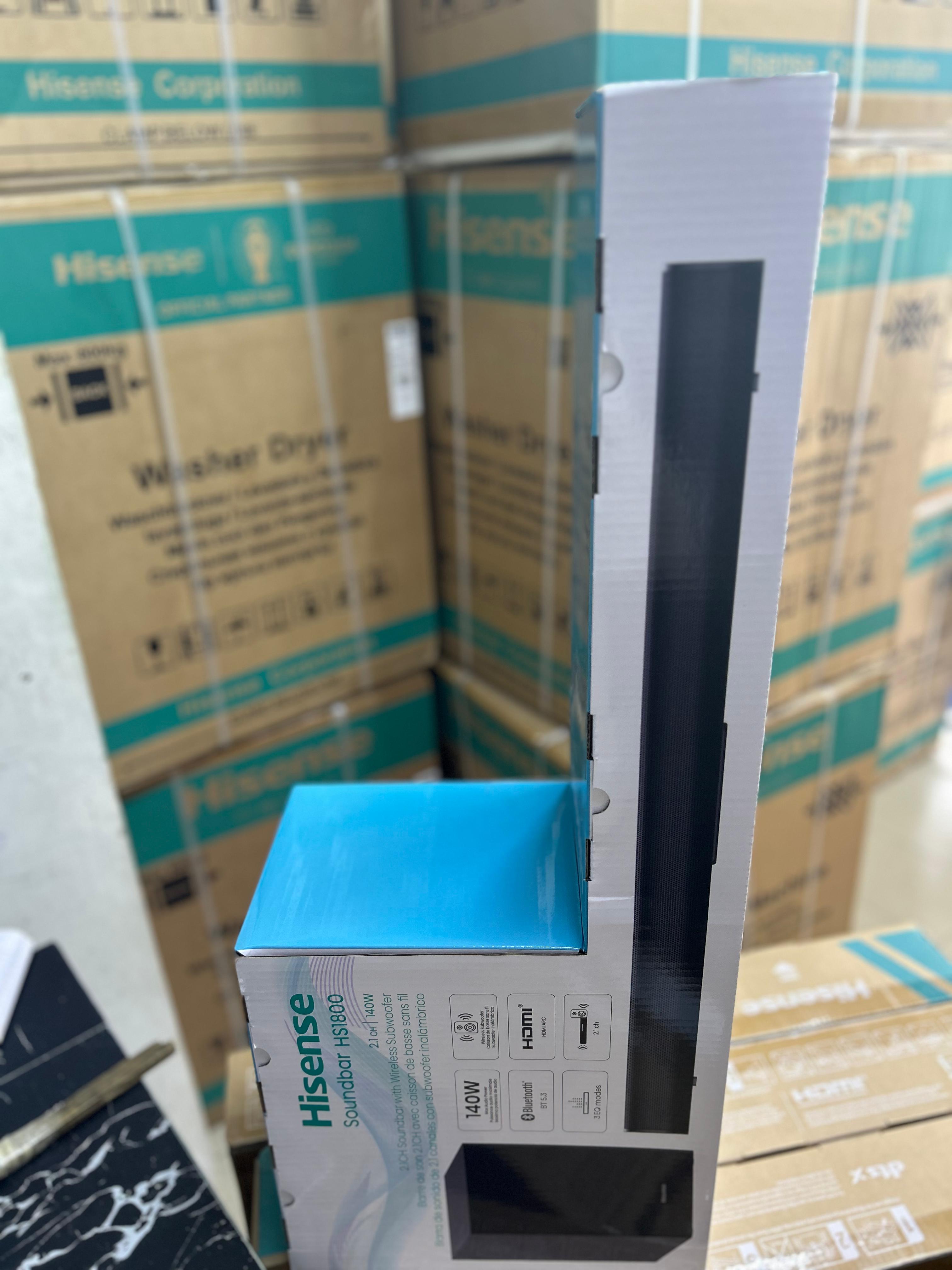Hisense Soundbar 140 Watts HS1800 Wireless Subwoofer provides deep, rich bass without the hassle of wires,BT ENABLED,HDMI Output with ARC,USB SUPPORT + 2 GIFTS: FREE AIRPODS PRO & FREE HISENCE TSHIRT