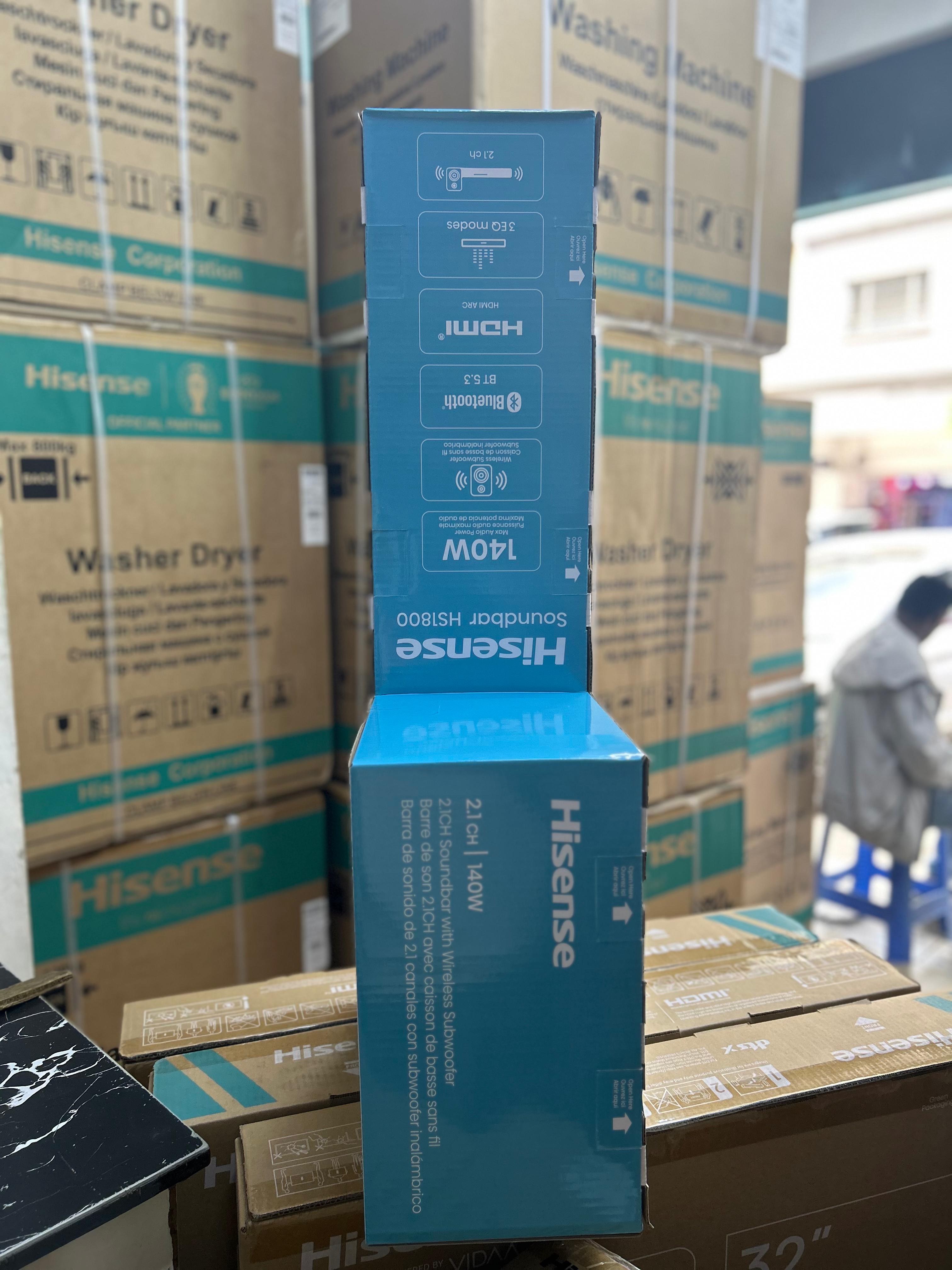 Hisense Soundbar 140 Watts HS1800 Wireless Subwoofer provides deep, rich bass without the hassle of wires,BT ENABLED,HDMI Output with ARC,USB SUPPORT + 2 GIFTS: FREE AIRPODS PRO & FREE HISENCE TSHIRT