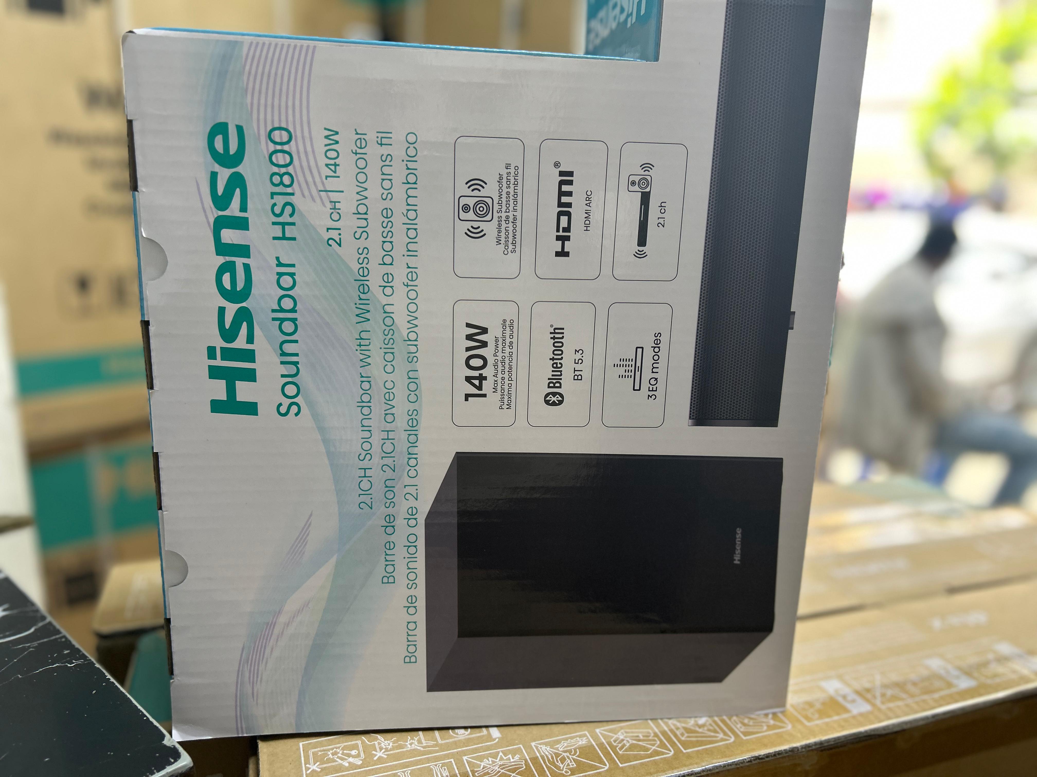 Hisense Soundbar 140 Watts HS1800 Wireless Subwoofer provides deep, rich bass without the hassle of wires,BT ENABLED,HDMI Output with ARC,USB SUPPORT + 2 GIFTS: FREE AIRPODS PRO & FREE HISENCE TSHIRT
