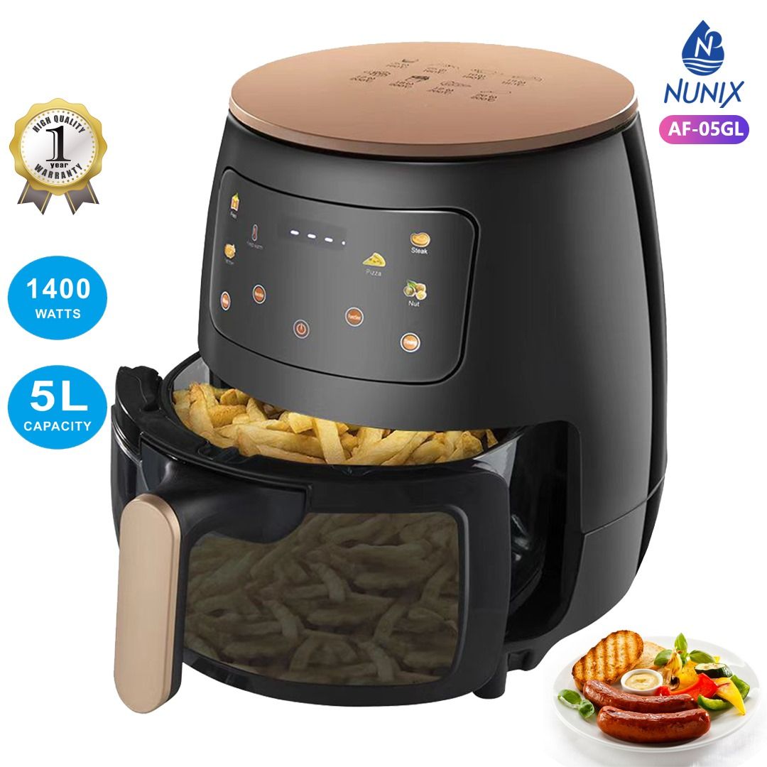 NUNIX 5L AIRFRYER MODEL NO.AF-05GL 1400WATTS 5LITRES CAPACITY frying, roasting, grilling,& baking a variety of dishes.