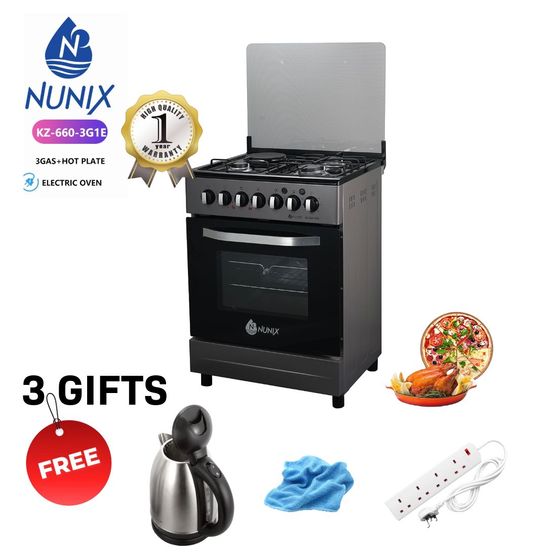 NEW Nunix 60×60 3+1 Free Standing Cooker with Electric oven, 3 GAS + 1 HOT PLATE WITH ELECTRIC OVEN WITH 3 FREE GIFTS {ELECTRIC KETTLE,wipping cloth & extension}