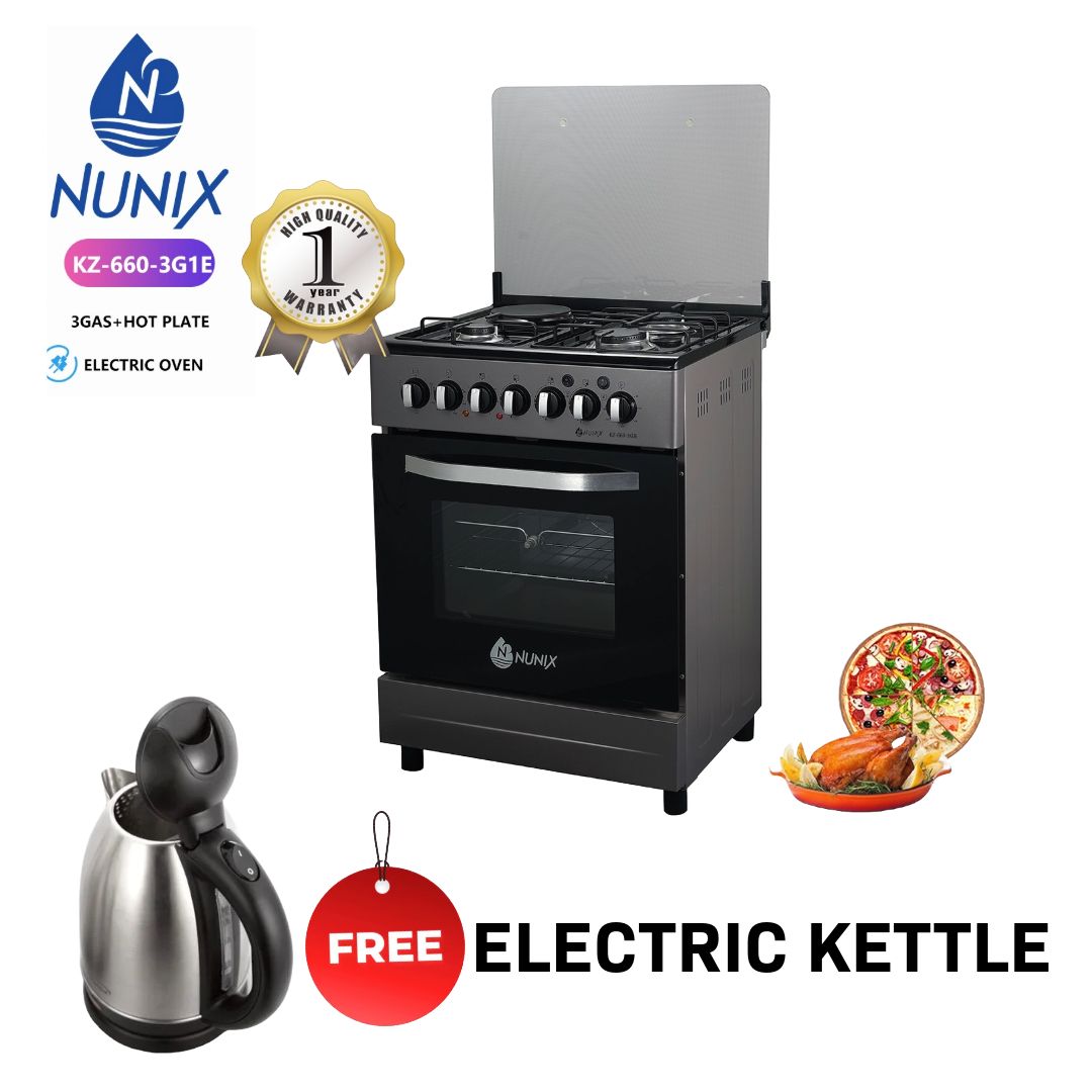 Nunix 60×60 3+1 Free Standing Cooker with Electric oven, 3 GAS + 1 HOT PLATE WITH ELECTRIC OVEN PLUS 1 GIFT FREE ELECTRIC KETTLE