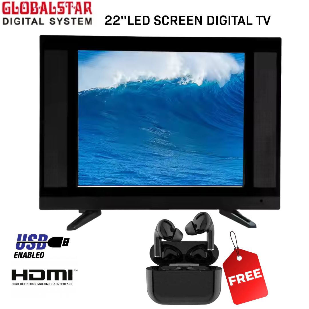 GLOBALSTAR Digital Tv 22''HDMI, USB, LED SCREEN DIGITAL TV WITH SIDE SCREEN SPEAKERS. +  FREE AIRPODS PRO