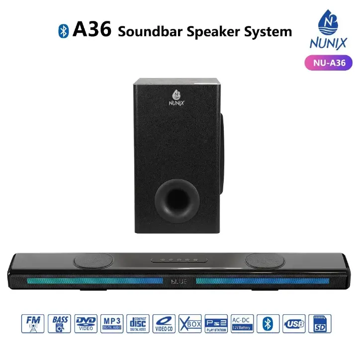 Nunix A36 Sound bar Speaker System NU-A36 High-Quality Sound Bluetooth Connectivity USB and SD Card Support FM Radio 2.1 Channel System Compact Design Multimedia Compatibility User-Friendly Interface