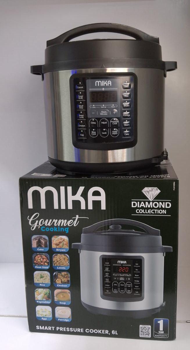 MIKA Electric Smart  Pressure Cooker, 6L,Stainless Steel,Power: 1000 Watts Voltage: 220-240V, 50/60Hz Pressure: 80kPa Housing 9 Safety Features including:Lid will not open if there is pressure inside