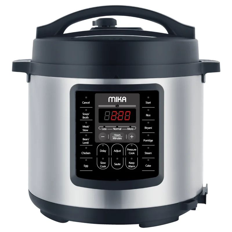 MIKA Electric Smart  Pressure Cooker, 6L,Stainless Steel,Power: 1000 Watts Voltage: 220-240V, 50/60Hz Pressure: 80kPa Housing 9 Safety Features including:Lid will not open if there is pressure inside