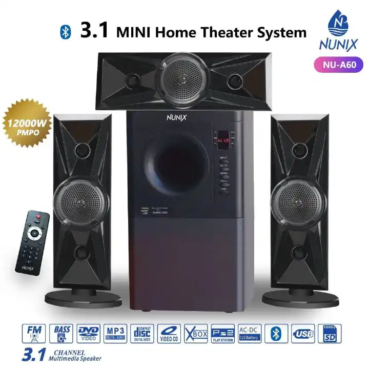 Nunix 3.1 Mini Home Theater System NU-A60 And A Remote Control woofer WITH FM AC DC BLUETOOTH USB SD SUPPORTED Nunix 3.1 CHANNEL MULTI MEDIA SPEAKER.