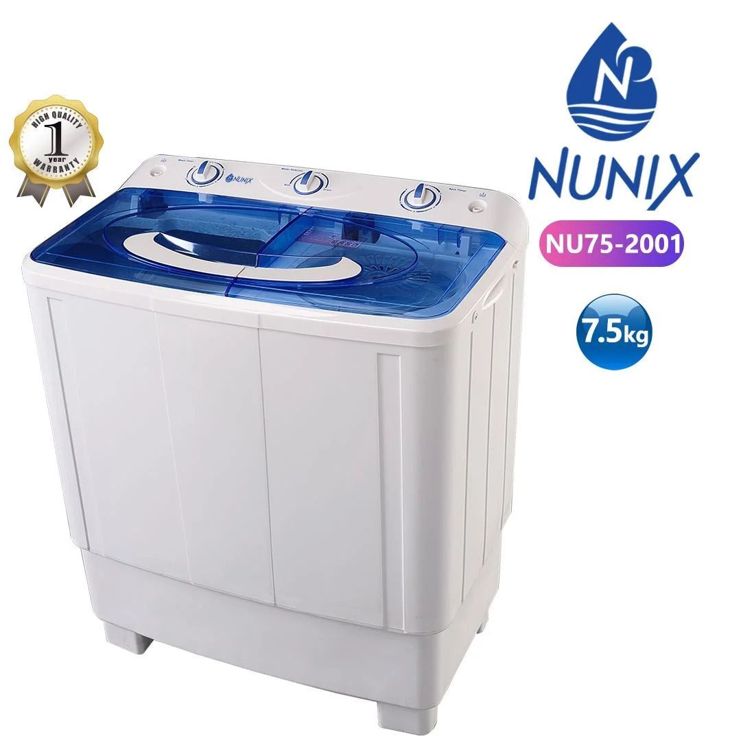 Nunix twintub washing machine 7.5kgs Timer for washing process & for the drying process The rotation speed of the washer is 123.9 rpm Dryer rotation speed 1550 rpm Electricity:220 volts,frequency 60Hz