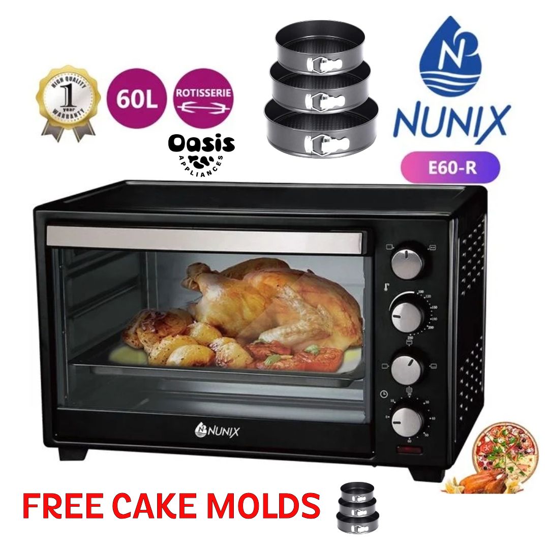Nunix 4 Knob Settings 60 Litres Electric Rotisserie Oven + FREE CAKE MOLDS Nunix Electric Rotisserie Oven, 60L – Black With grill (rotisserie) 4knobs, easy control Top & bottom heating 60 mins timer