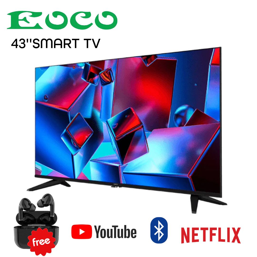 EOCO 43'' SMART TV FRAMELESS  YOUTUBE BLUETOOTH/ WIFI ENABLED NETFLIX + FREE GIFT