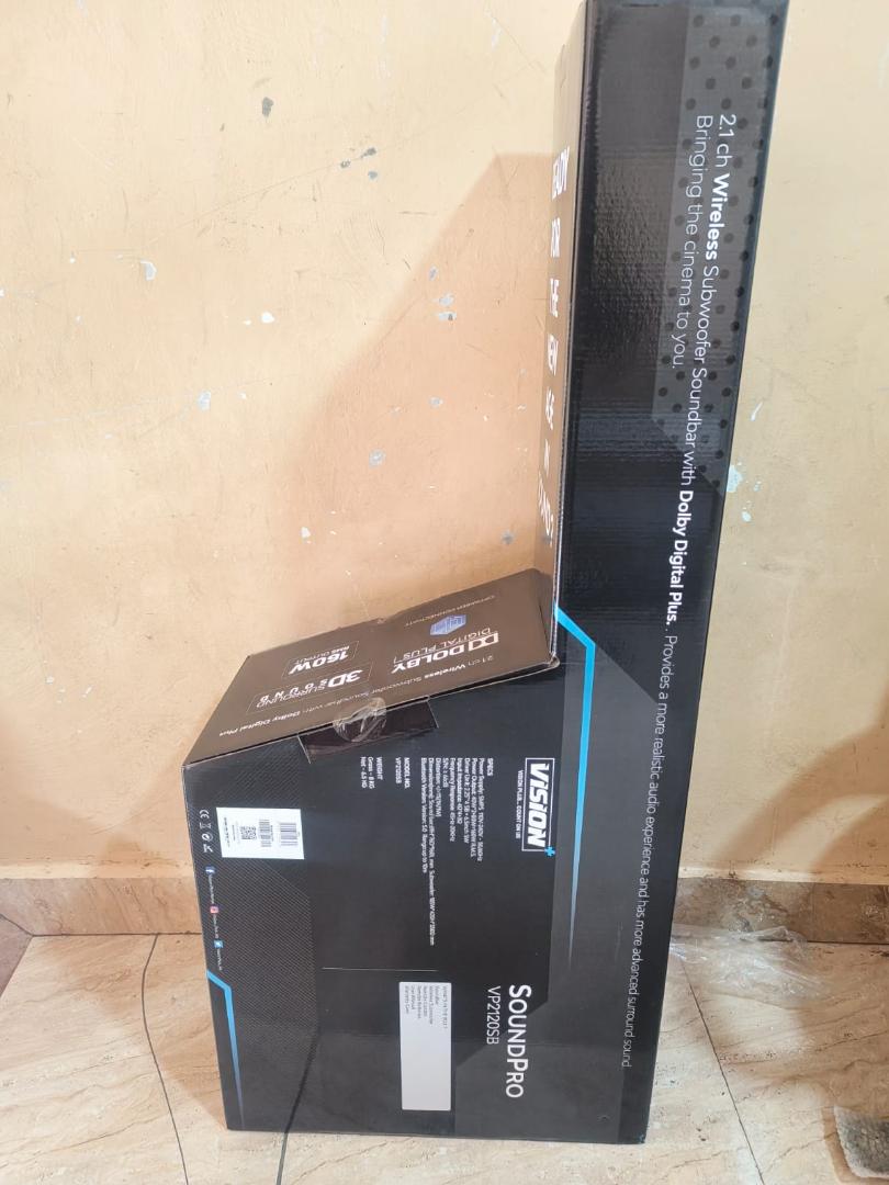 CLEARANCE SALE !!!! Vision Plus 2.1 CH SOUND BAR MODEL:VP2120SB Vision Plus VP2120SB Sound Pro 160 Watt USB/SD/BT/HDMI/Line In/TV in DSP technology Dolby digital plus Surround Sound 4 Pre-set EQ