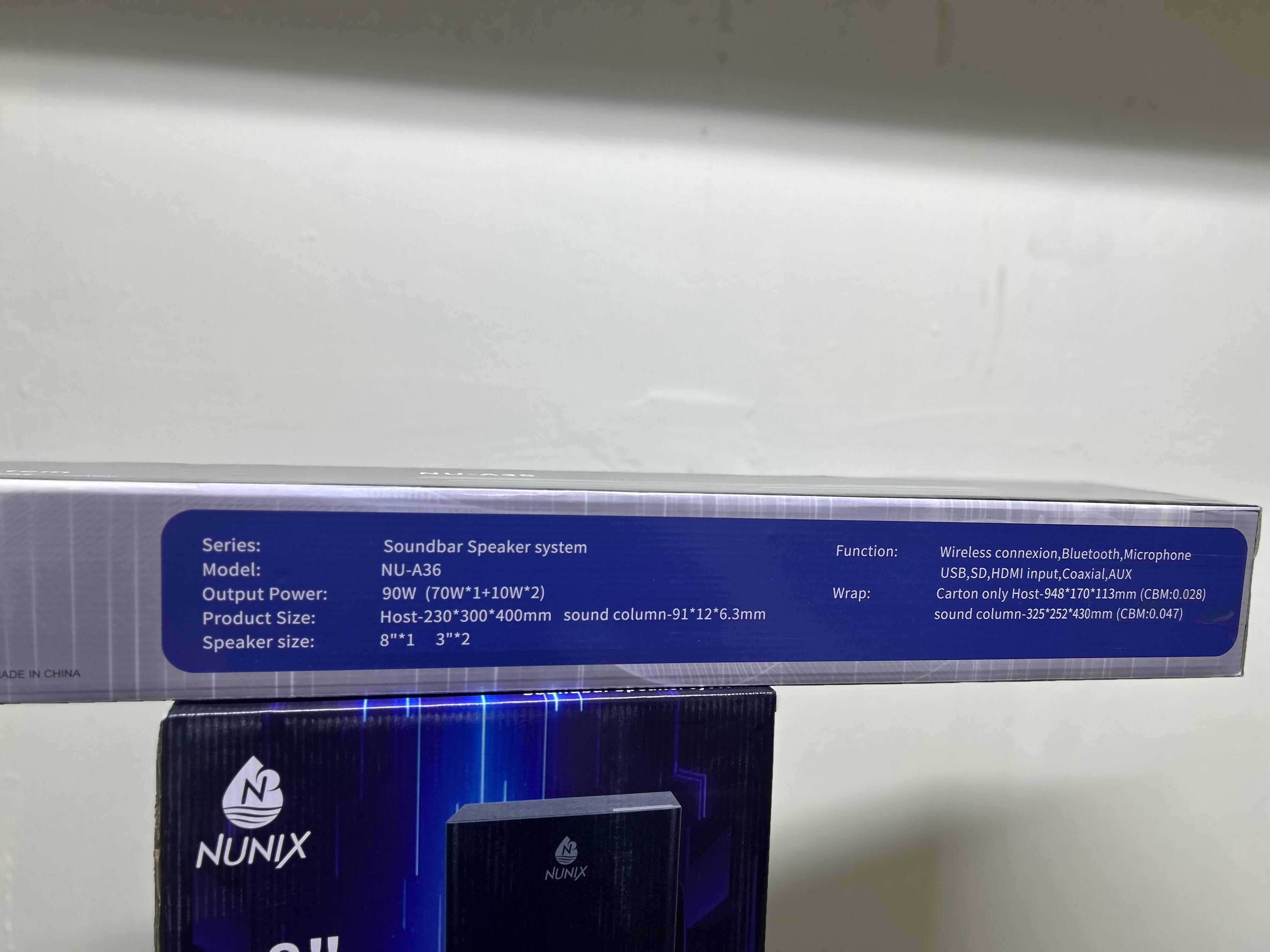 Nunix A36 Sound bar Speaker System NU-A36 High-Quality Sound Bluetooth Connectivity USB and SD Card Support FM Radio 2.1 Channel System Compact Design Multimedia Compatibility User-Friendly Interface