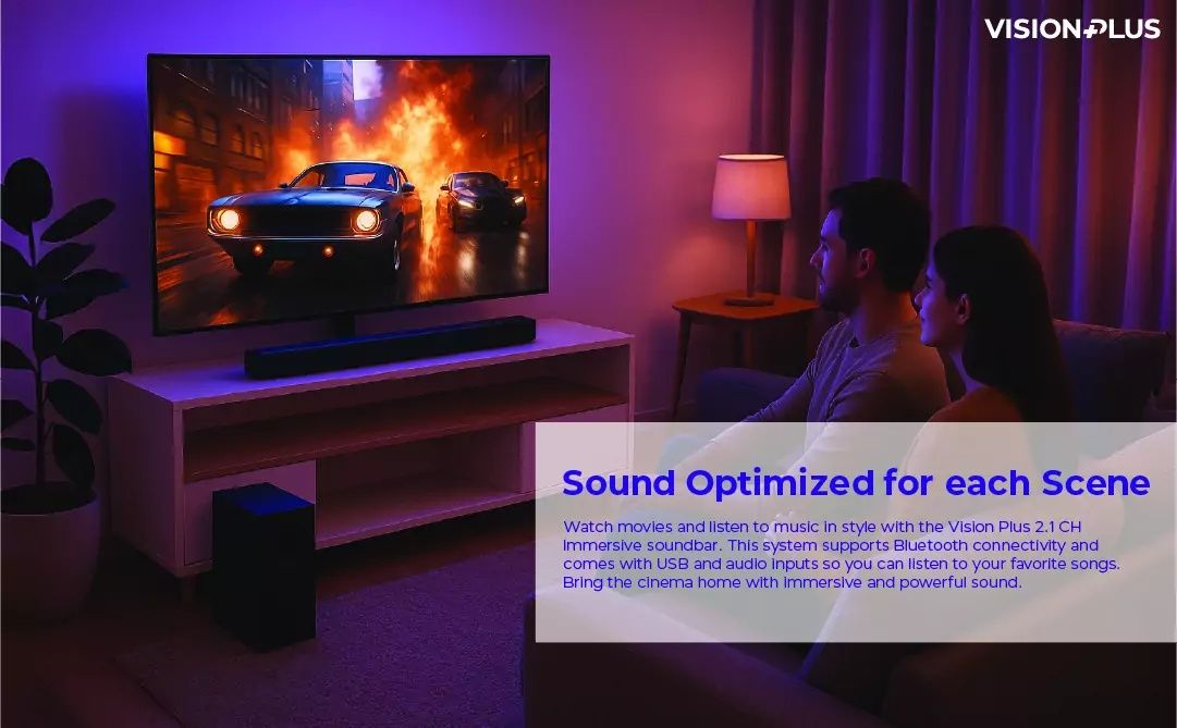Vision sound Bar VP 2112SB Bluetooth Enabled FM HDMI(ARC), Optical, USB Power output: 60W + 20W*2 RMS WIRED SUBWOOFER Power: SMPS 100V-240V ~ 50/60Hz