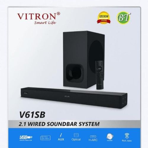 Vitron Sound bar System V61SB Power Output: 6,000W PMPO Channel Setup: 2.1 channel system Connectivity Options: USB, AUX, HDMI ARC, Bluetooth VERY GOOD BASS
