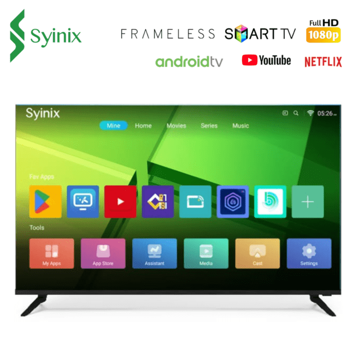 Syinix 43" SMART TV  FHD Frameless Voice Control i-Cast Android TV, Netflix, Youtube Bluetooth Television with One Year Waranty Plus.