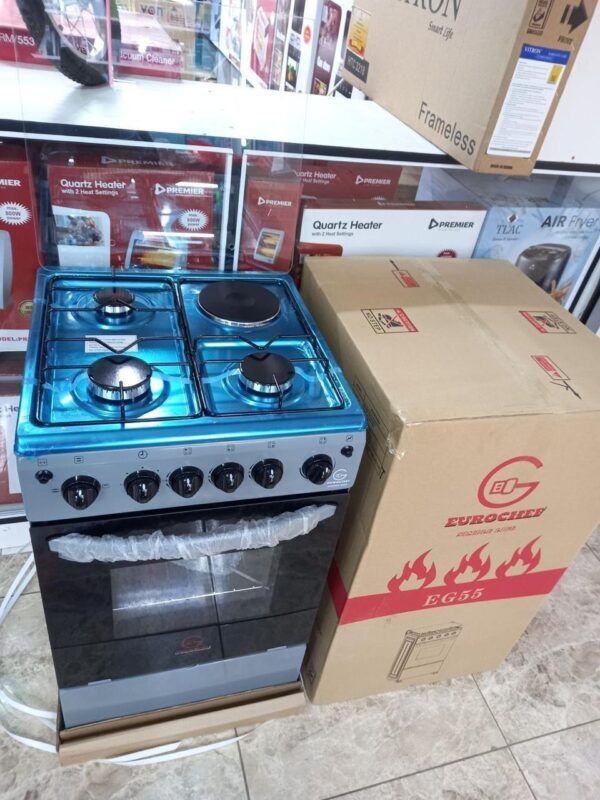 Eurochef Free Standing cooker size 50 by 55 cm with 3 Gas Burners +1 Electric .Updated with Timmer⏲ ,Oven light💡 ,electric ⚡ Oven Rotisserie EURO CHEF NEW MODEL 50*55 3+1