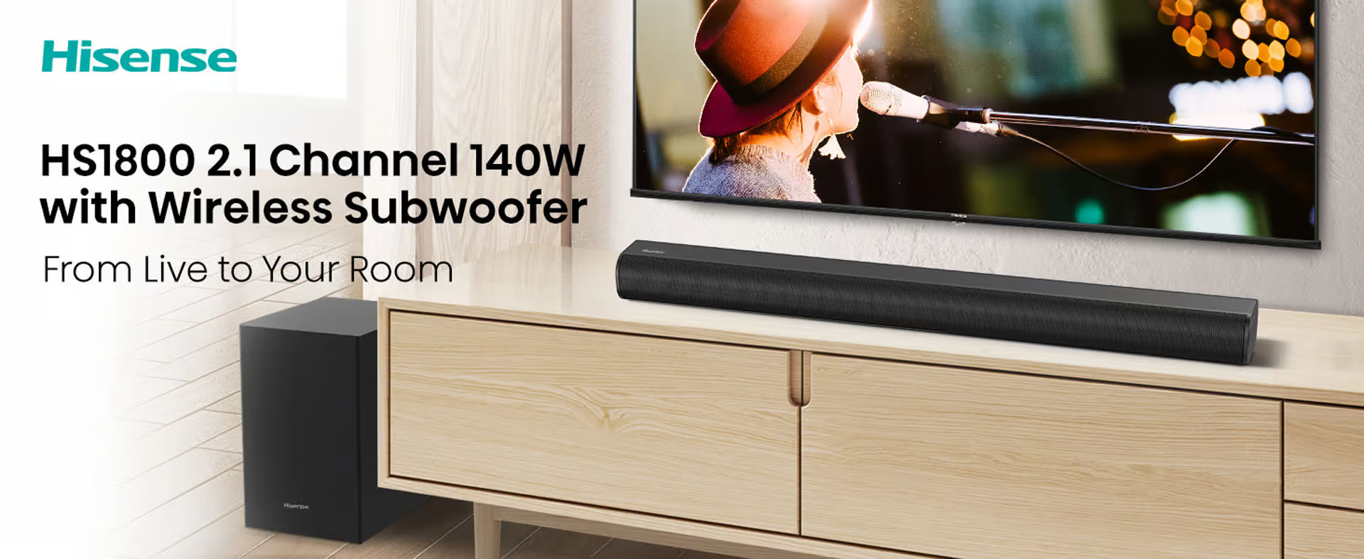 Hisense Sound bar 140 Watts HS1800 Wireless Subwoofer provides rich bass without the hassle of wires, BT ENABLED,HDMI  ARC,USB. Quality Sound Small Bass Sound IDEAL FOR SMALL SPACES/ROOMS. 140 WATTS
