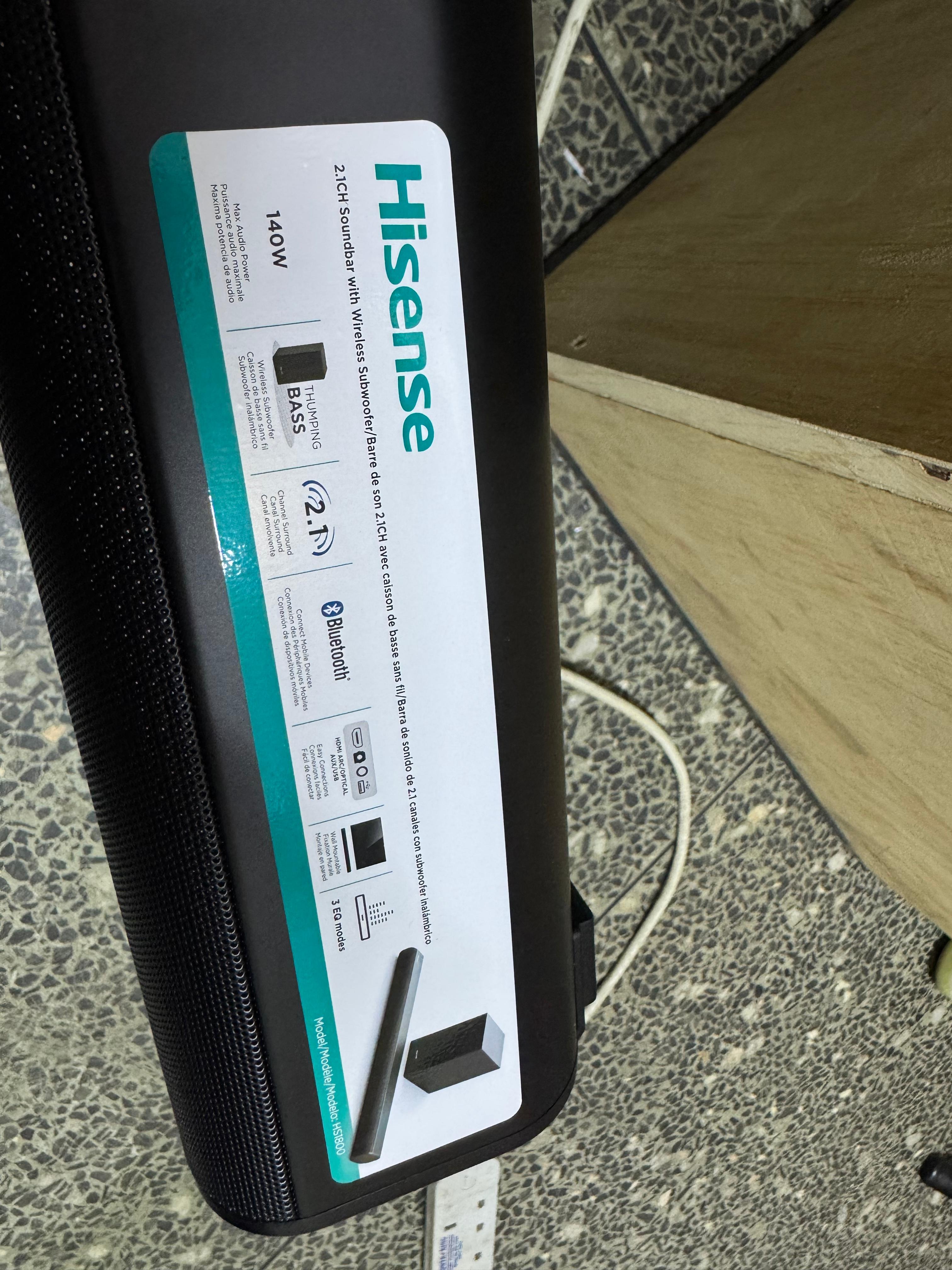 Hisense Soundbar 140 Watts HS1800 Wireless Subwoofer provides deep, small bass without the hassle of wires, BT ENABLED,HDMI Output with ARC,USB SUPPORT. IDEAL FOR SMALL SPACES/ROOMS/SHOPS bass 140W