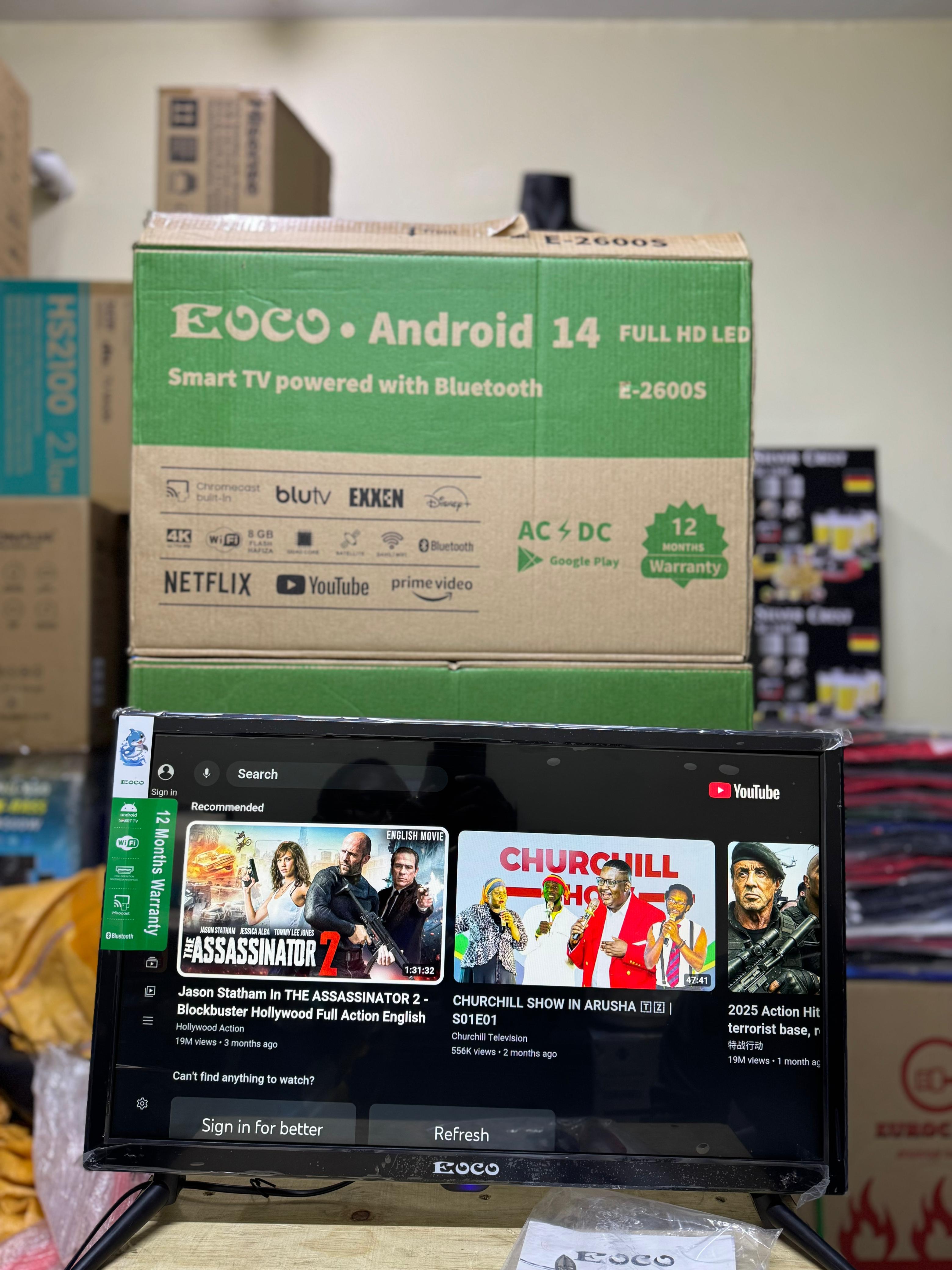 EOCO 26 INCH SMART ANDROID DIGITAL TV: BLUETOOTH ENABLED,YOUTUBE,NETFLIX,PRIME VIDEO,DISNEY + WITH CHROME CAST BUILT IN, 26'' ANDROID 14 FULL HD LED  E-2600S
