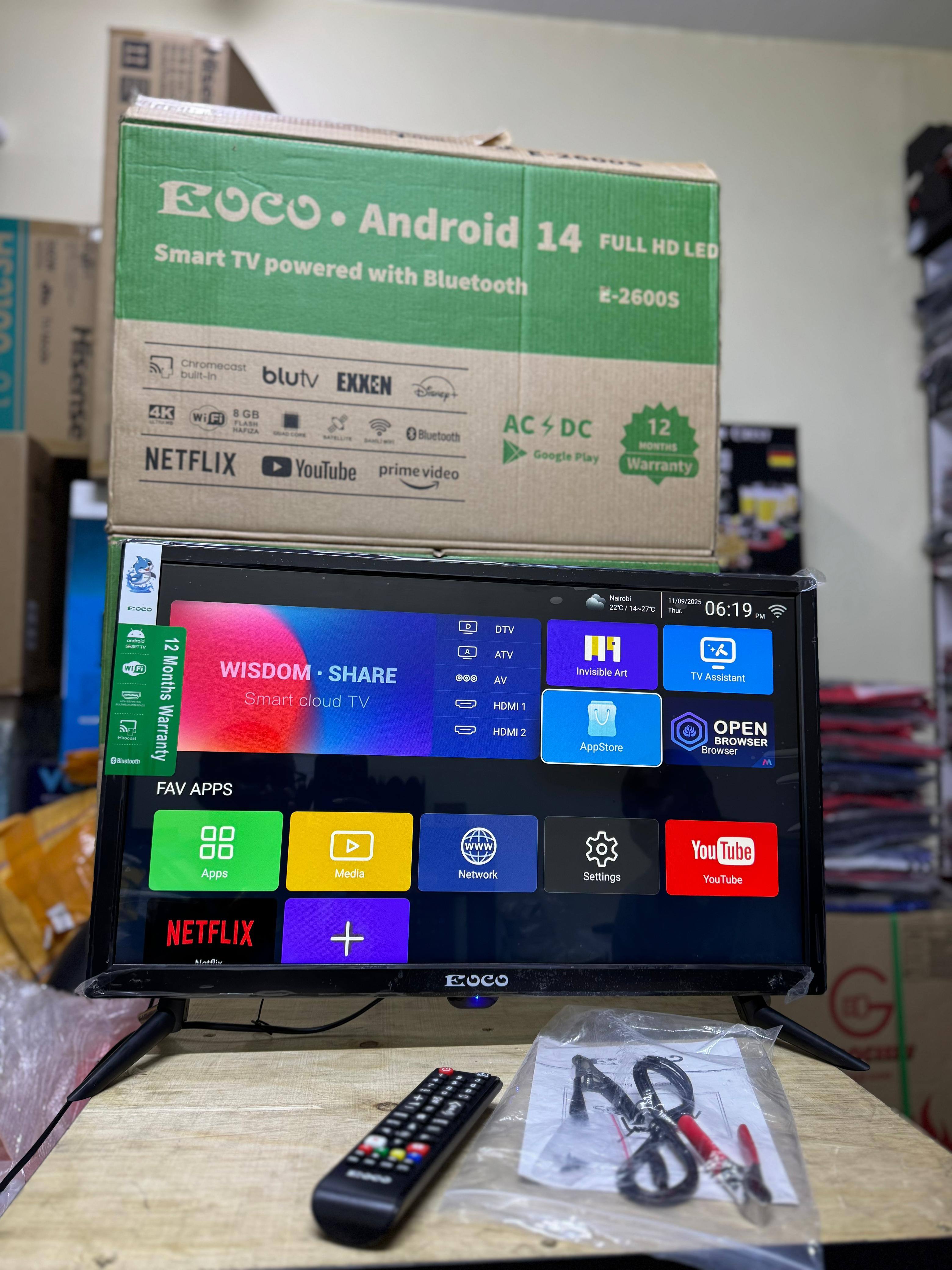 EOCO 26 INCH SMART ANDROID DIGITAL TV: BLUETOOTH ENABLED,YOUTUBE,NETFLIX,PRIME VIDEO,DISNEY + WITH CHROME CAST BUILT IN, 26'' ANDROID 14 FULL HD LED  E-2600S