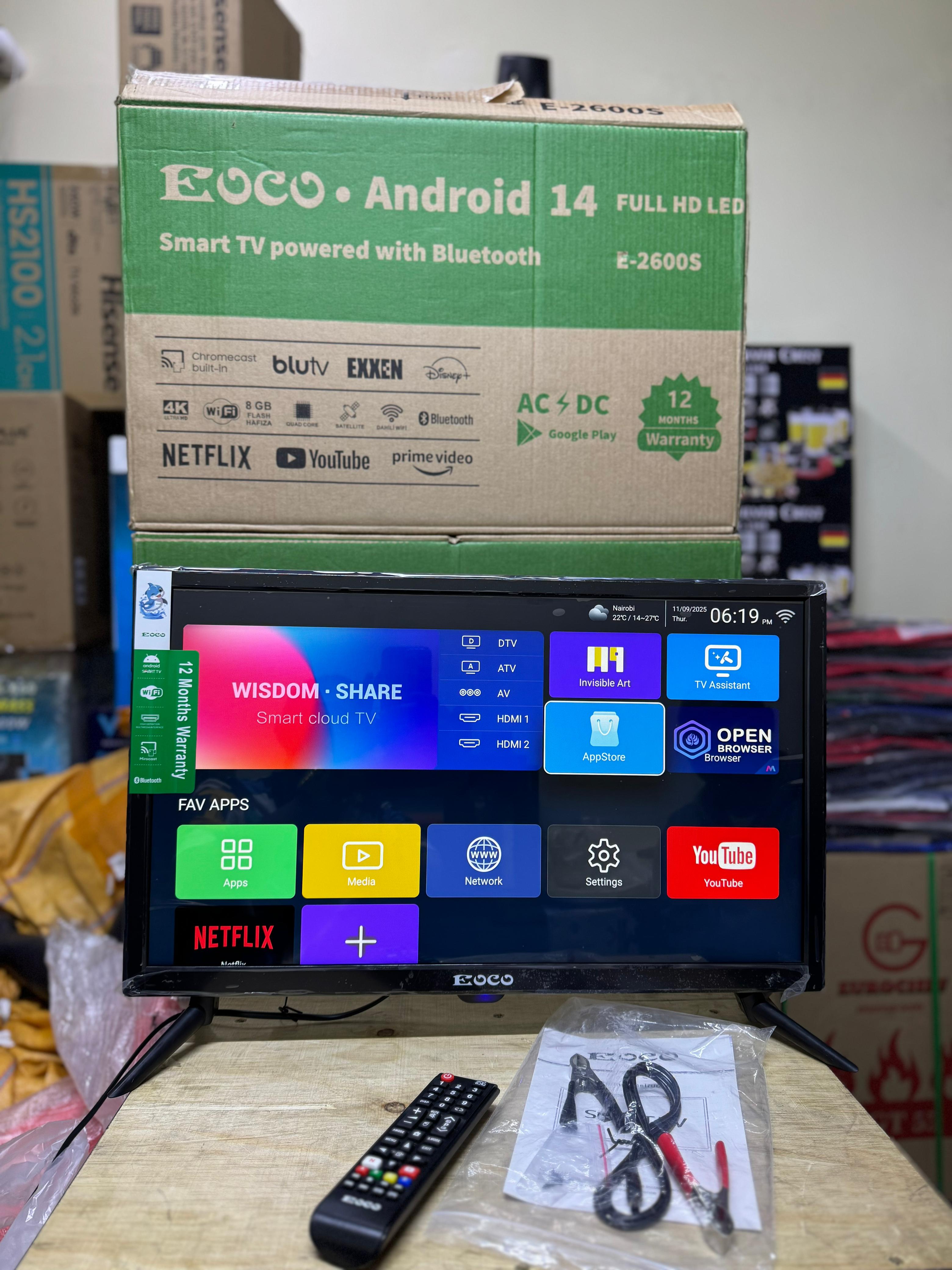 EOCO 26 INCH SMART ANDROID DIGITAL TV: BLUETOOTH ENABLED,YOUTUBE,NETFLIX,PRIME VIDEO,DISNEY + WITH CHROME CAST BUILT IN, 26'' ANDROID 14 FULL HD LED  E-2600S