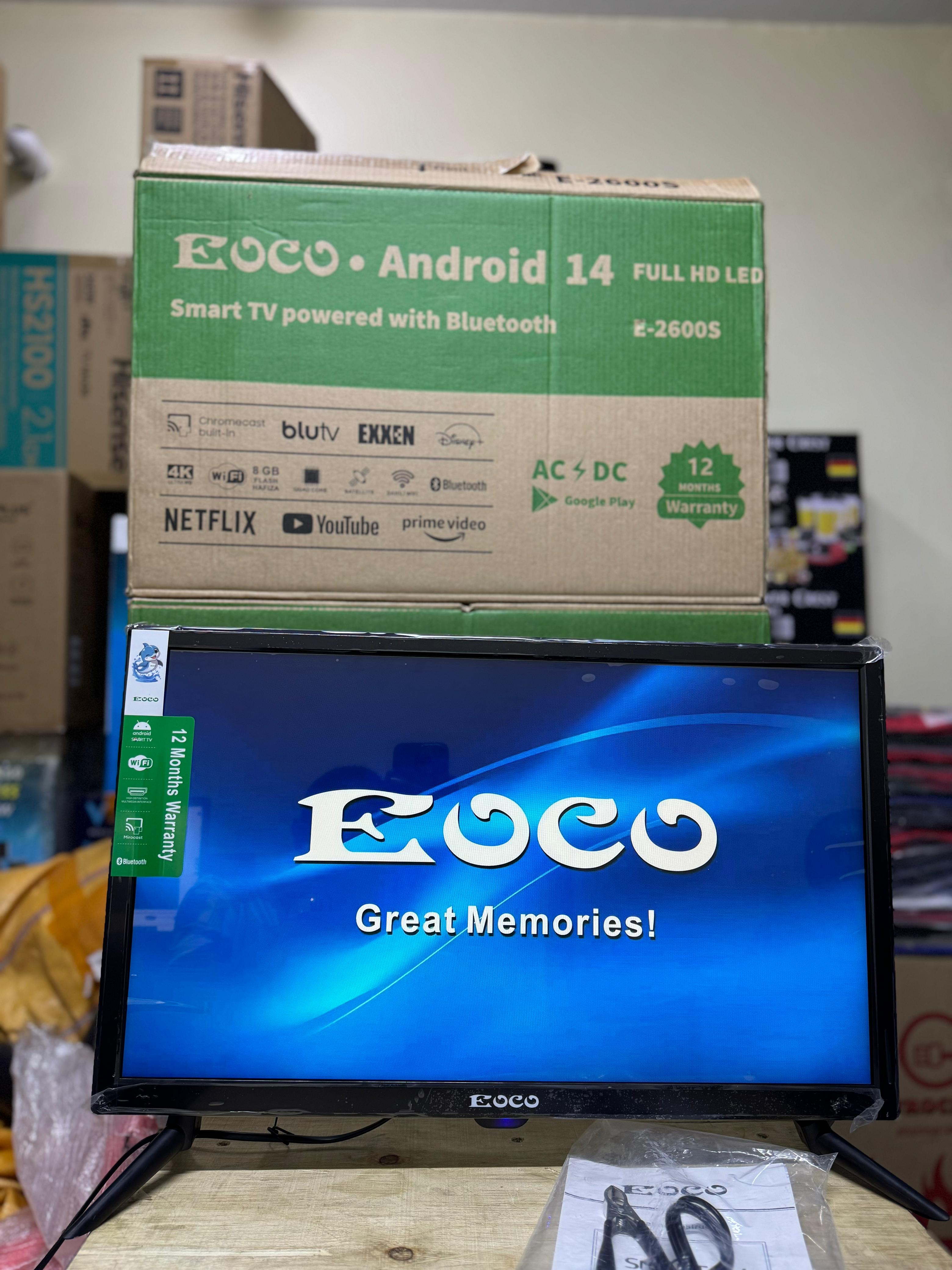 EOCO 26 INCH SMART ANDROID DIGITAL TV: BLUETOOTH ENABLED,YOUTUBE,NETFLIX,PRIME VIDEO,DISNEY + WITH CHROME CAST BUILT IN, 26'' ANDROID 14 FULL HD LED  E-2600S