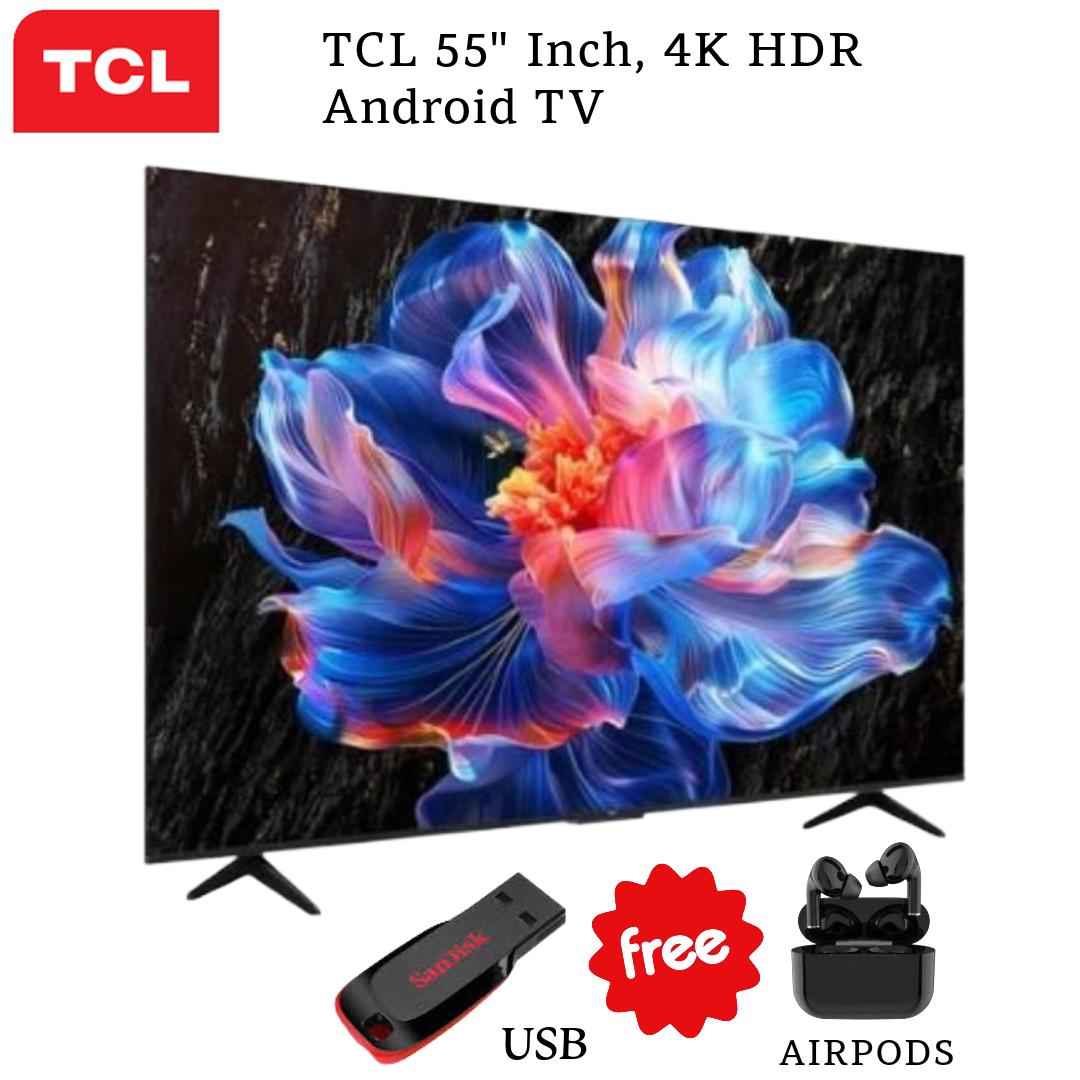 TCL 55" Inch, 4K HDR Google/Android TV,BLUETOOTH-ENABLED FREE USB & AIRPODS, DOLBY SOUND, WIFI,HDMI, YOUTUBE,NETFLIX,PRIME VIDEO, FRAMELESS, HRD 4K TV,Dynamic Color Enhancement.1 YR WARRANT