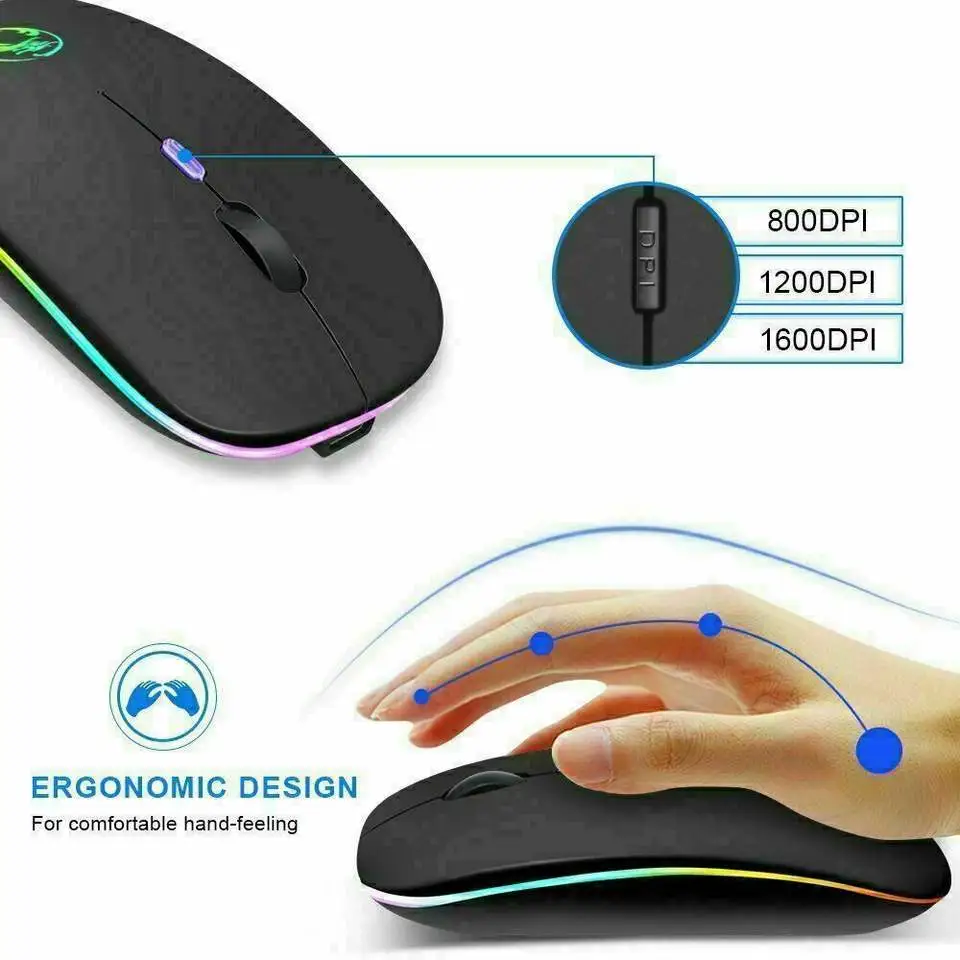 Great life 2.4G Wireless Mouse RGB Colorful Mouse Rechargeable Mouse Silent Mouse USB Gaming Mouse Mice 1600DPI for PC Laptop Macbook Pro
