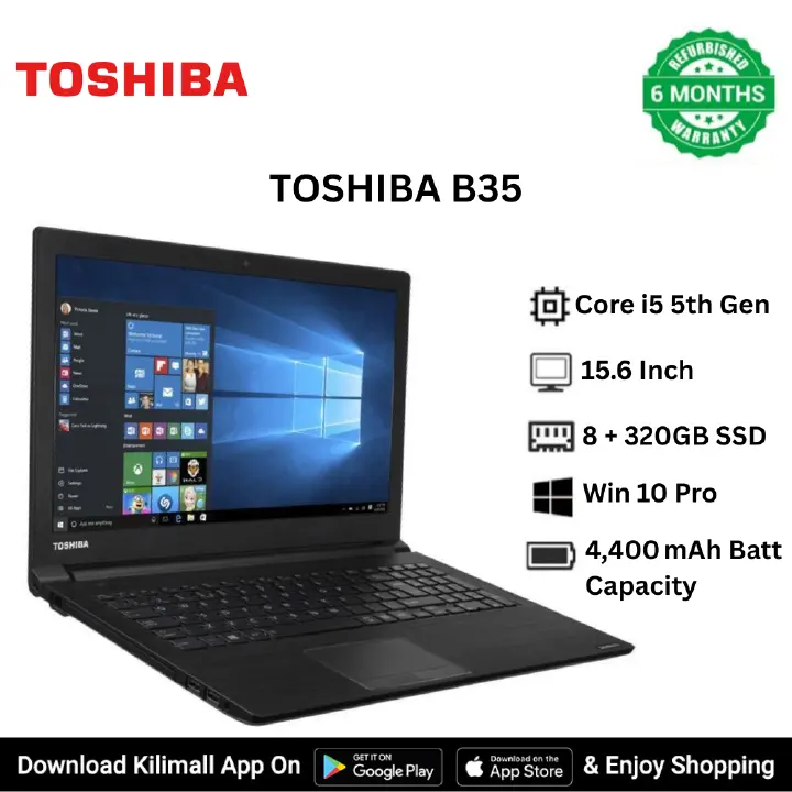 TOSHIBA B35 15.6 inch HD display Laptop Intel Core i5 5200U 5th Gen  8GB RAM  320GB HDD Windows 10 Pro HDMI USB ports DVD Drive 64 bit Slim and Lightweight laptop business student laptop