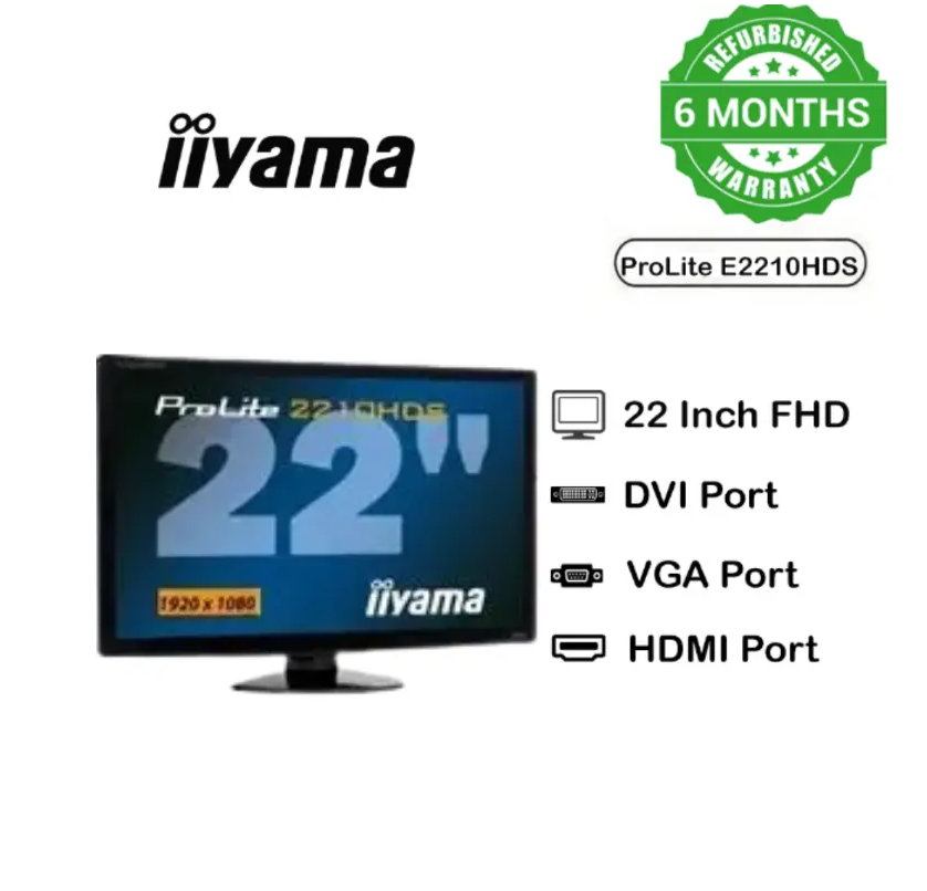 REFURBISHED IIYAMA MONITOR ProLite E2210HDS 22-Inch Full HD Widescreen Monitor  1920x1080 LED Display DVI HDMI VGA PORT  Fast 2ms Response Time – Energy Efficient Office & Home Screen